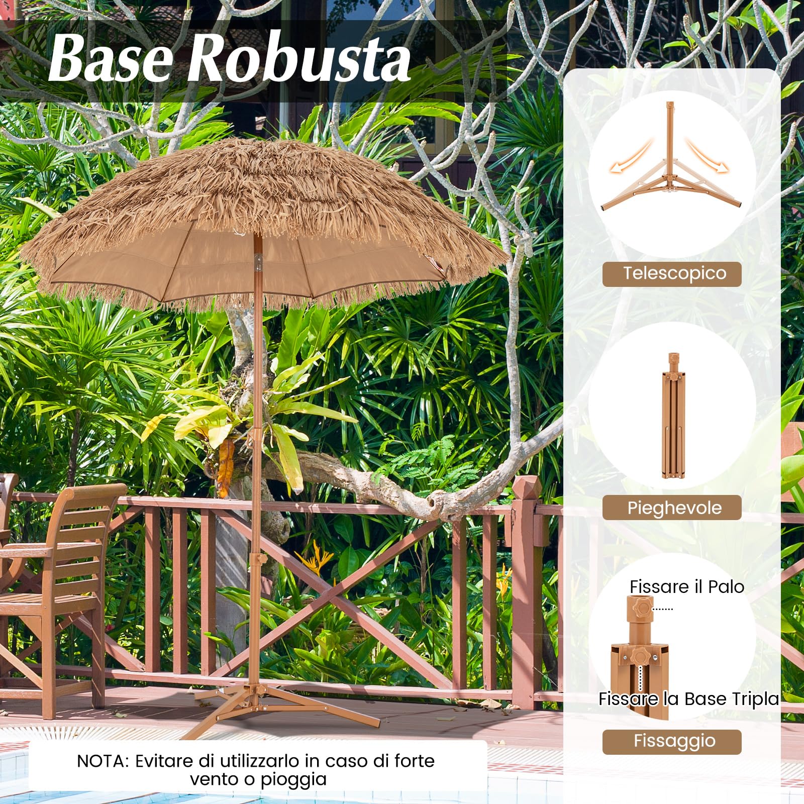 COSTWAY Ombrellone in Paglia PP da 200 cm, Ombrellone da Spiaggia Hawaiano con Inclinazione Regolabile, con Base Pieghevole, Borsa per il Trasporto, per Giardino Piscina