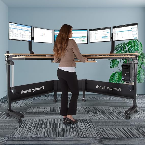 VERSADESK Foundry Bench 80 x 80 Electric Corner L-Shaped Standing Desk Riser on Wheels, Height Adjustable, Motorized Rolling Desk Riser, Sit to Stand Workstation, Bamboo