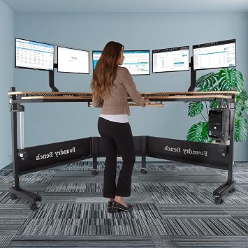VERSADESK Foundry Bench 80 x 80 Electric Corner L-Shaped Standing Desk Riser on Wheels, Height Adjustable, Motorized Rolling Desk Riser, Sit to Stand Workstation, Bamboo