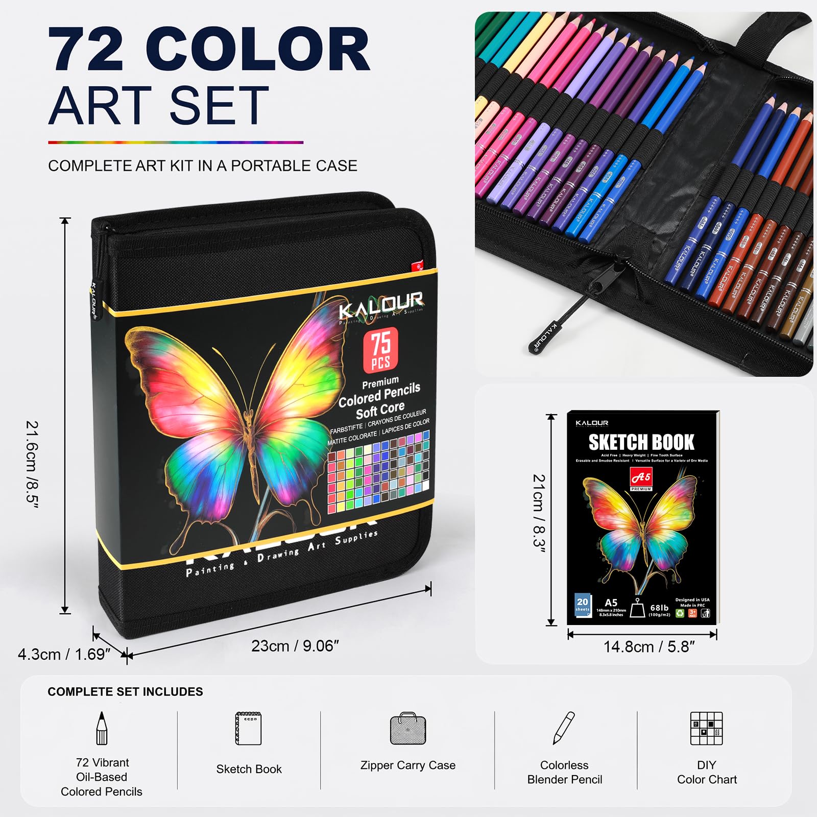 KALOUR PDAS Lot de 75 crayons de couleur pour livres de coloriage pour adultes, noyau souple, idéal pour le dessin, le mélange, l'ombrage, cadeau pour adultes et débutants