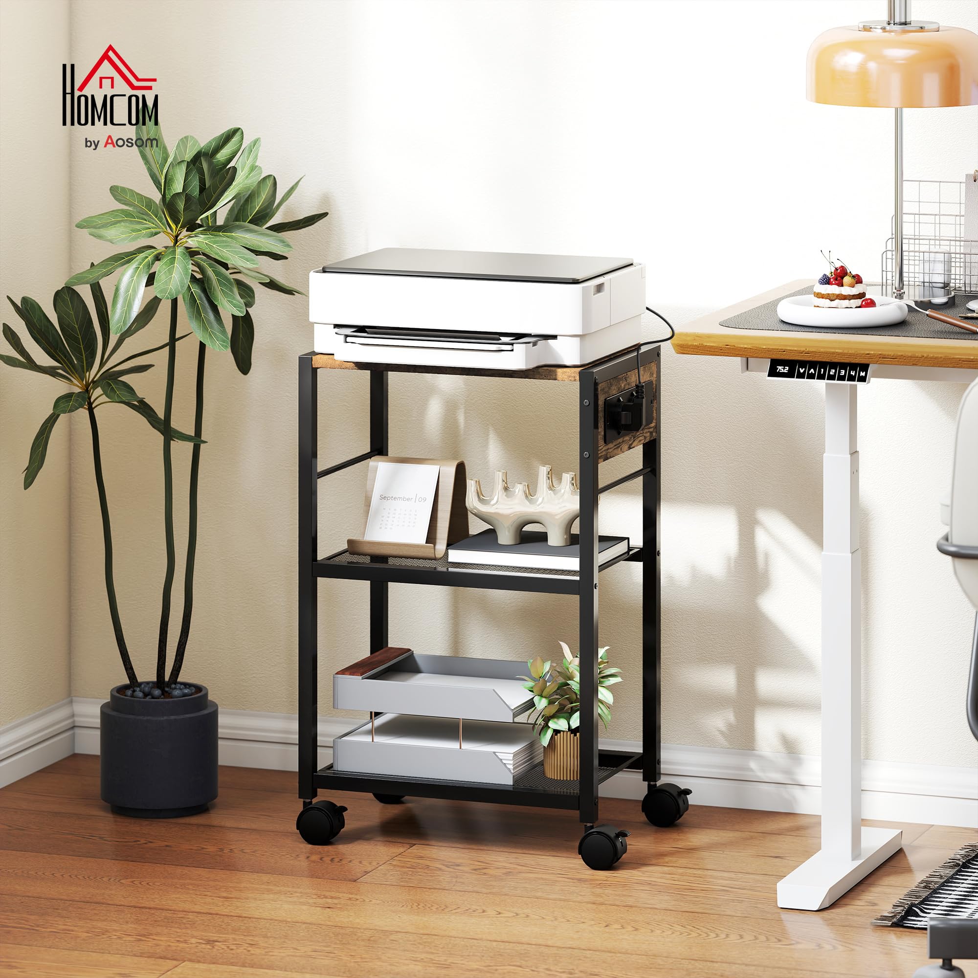 HOMCOM Druckerständer mit 3 Ebenen Rollen 42 x 28 x 64,5 cm Rustikalbraun | Steckdosen, Schreibtisch Organizer für Drucker, aus Stahl, Druckertisch, Druckerhalter, Druckerwagen, Büro Office Fax Scanner