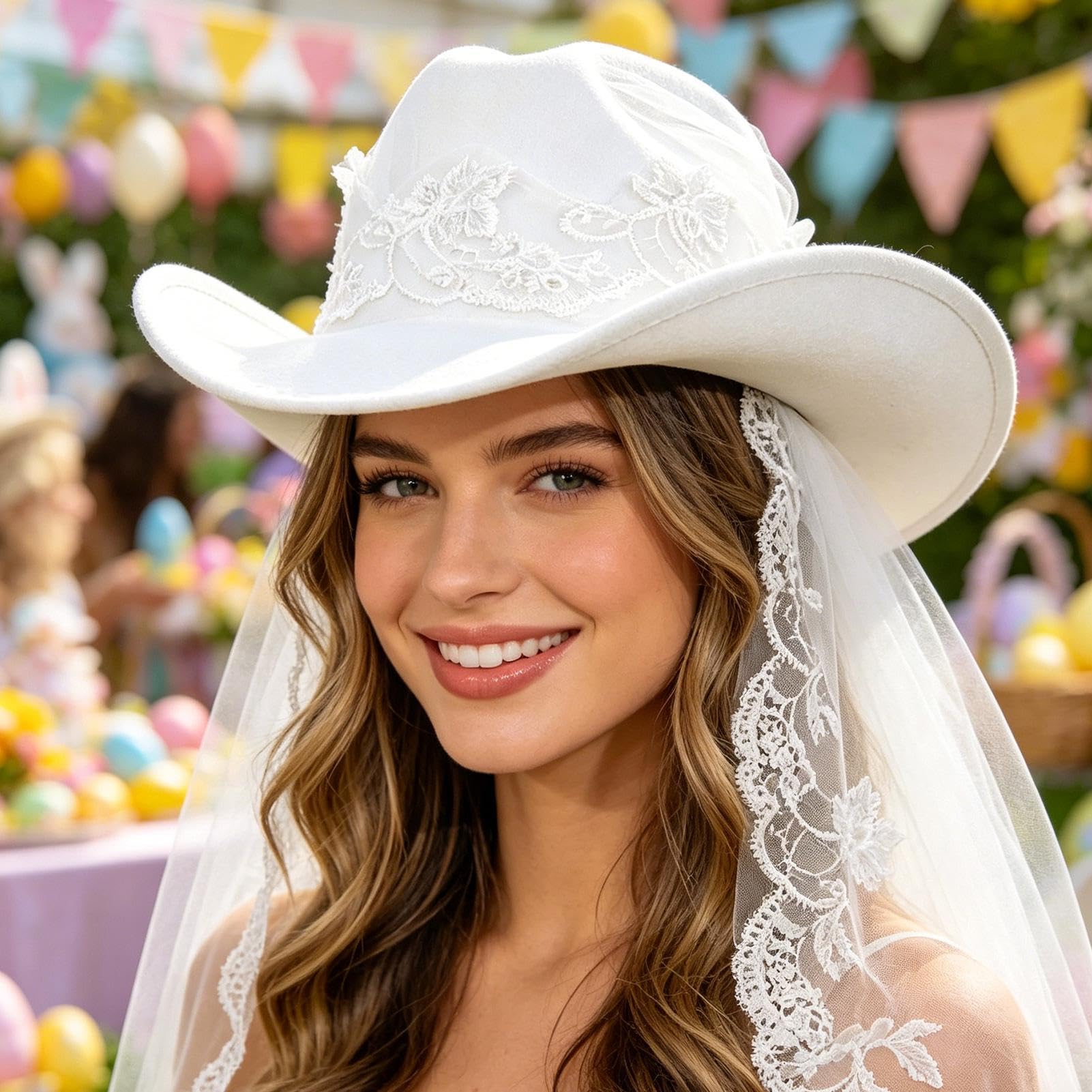 Cappello da Cowgirl da Sposa con Velo per Addio al Nubilato Copricapo | Cappello da Cowboy Nuziale per Compleanni Ragazze Festa Vestito Doccia Donne Spiaggia Matrimoni Estivi