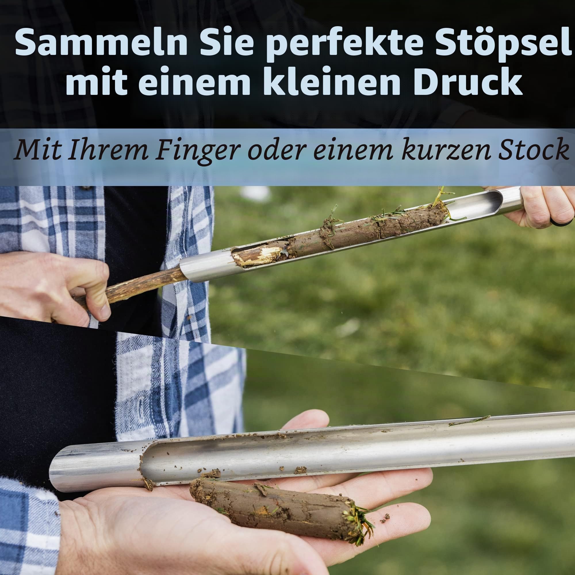 Bodensonde mit kleinen Bodenprobenbeuteln. 50,8 cm-Bodenprobensondenstab. Zum Patent angemeldetes Bodensondendesign für saubere Schichten bei der Bodenprobenentnahme
