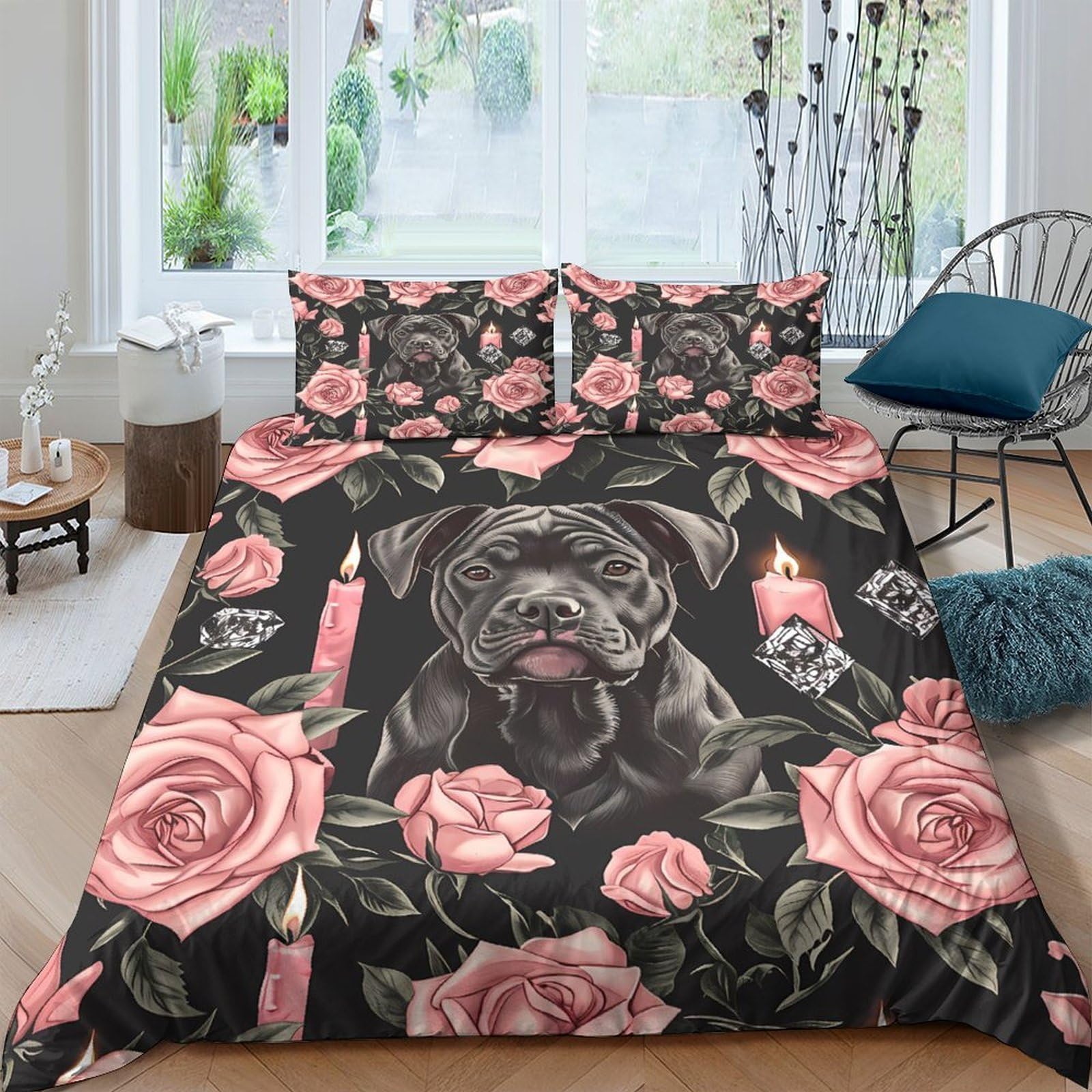 GPLZQXKJNH 3D Printed Black Bulldog Floral Duvet Cover Set Microfiber Soft Breathable Rose Quilt Cover with 2 Pillowcases for Bedroom Decor Single（135x200cm）