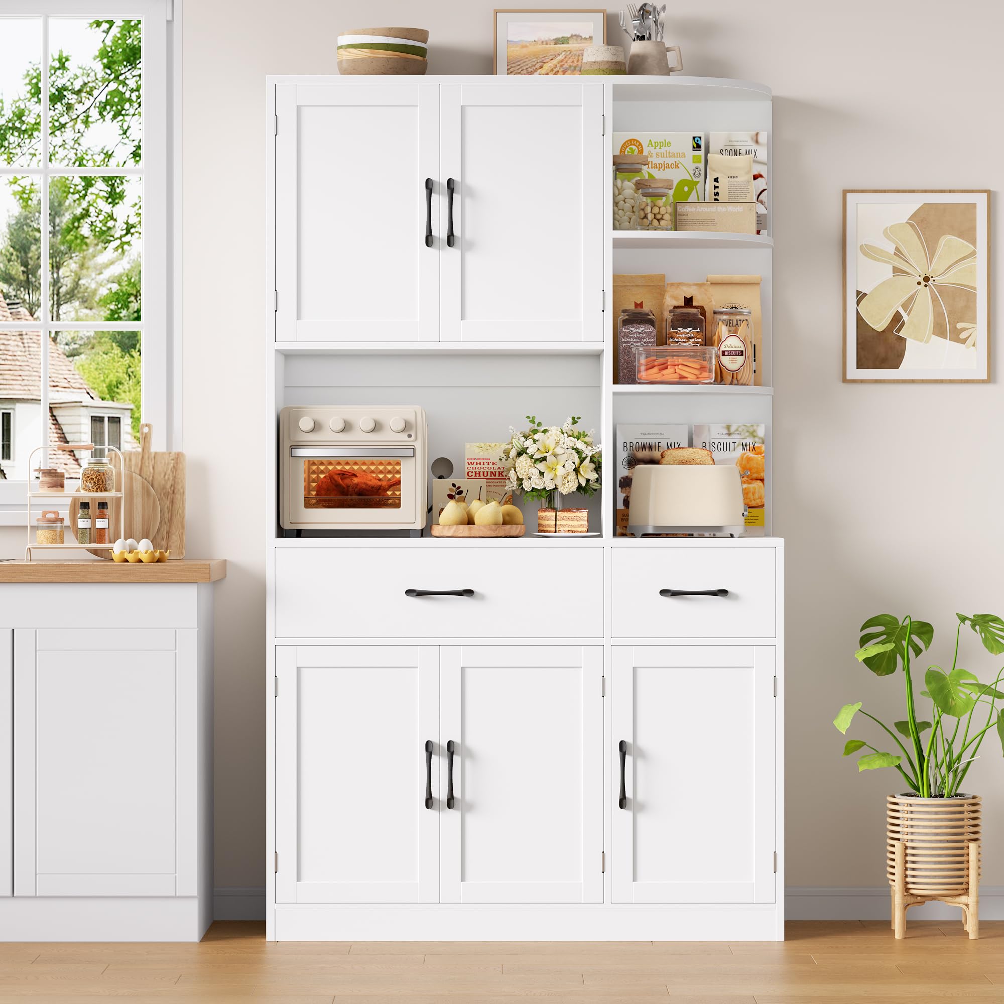 HOCSOK Buffet Cuisine, Haut Armoire de Cuisine, Vaisselier avec Plans de Travail et 2 Tiroirs, Étagère d'angle 3 Niveaux, 5 Türen, Étagère à Micro-Ondes, Meuble de Rangement pour Salle à Manger Salon