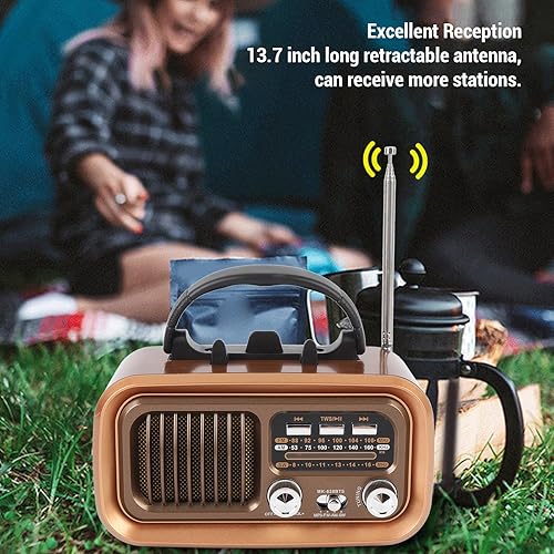 Miniatura 5 de Radio retro vintage con altavoz Bluetooth, pequeña radio AM FM vintage, funciona con pilas solares, TWS, compatible con tarjeta TF USB para el hogar