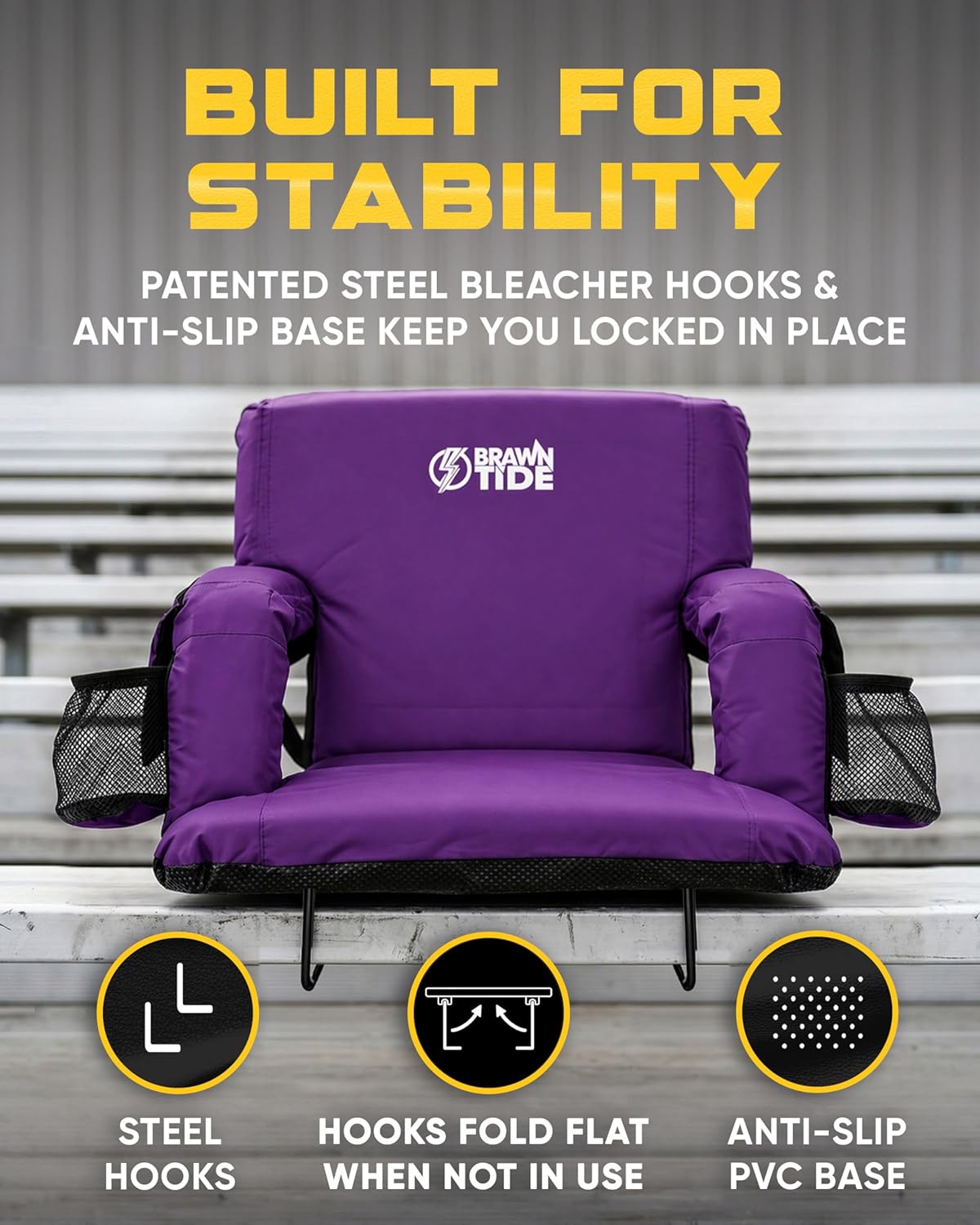 BRAWNTIDE Stadium Seat for Bleachers with Back Support - Wide Padded Reclining Bleacher Seat, Portable Folding Stadium Chair with Armrests, Hooks, Straps, Cup Holders & Pockets (Purple, 21)