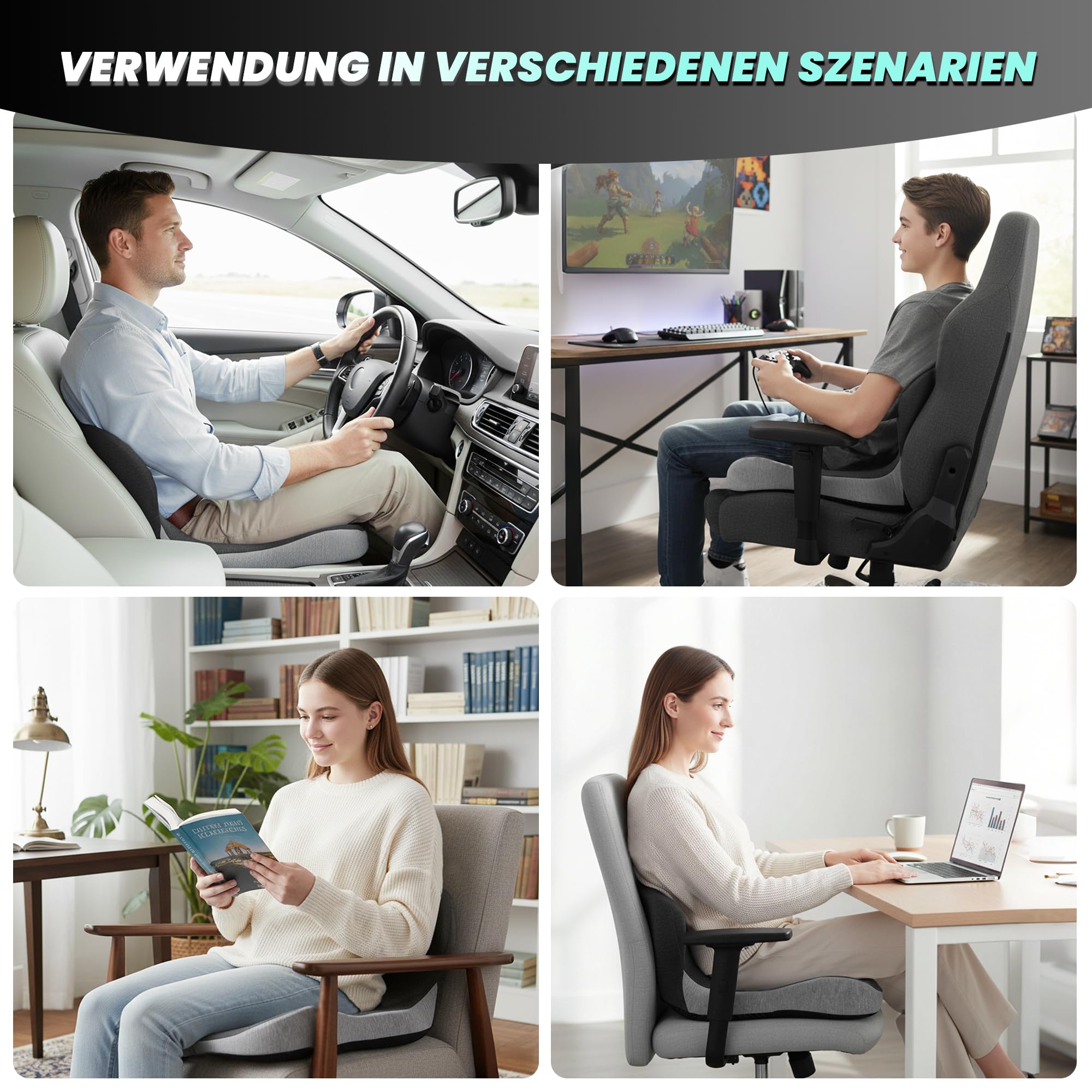 Urban Deco Sitzkissen Orthopädisch mit Rückenlehne, Ergonomisches Rückenstützkissen aus Memory-Schaumstoff, Stuhlkissen für Bürostuhl, Autositz, Rollstuhl, Büro, Auto, Schwarz & Grau,1PCS