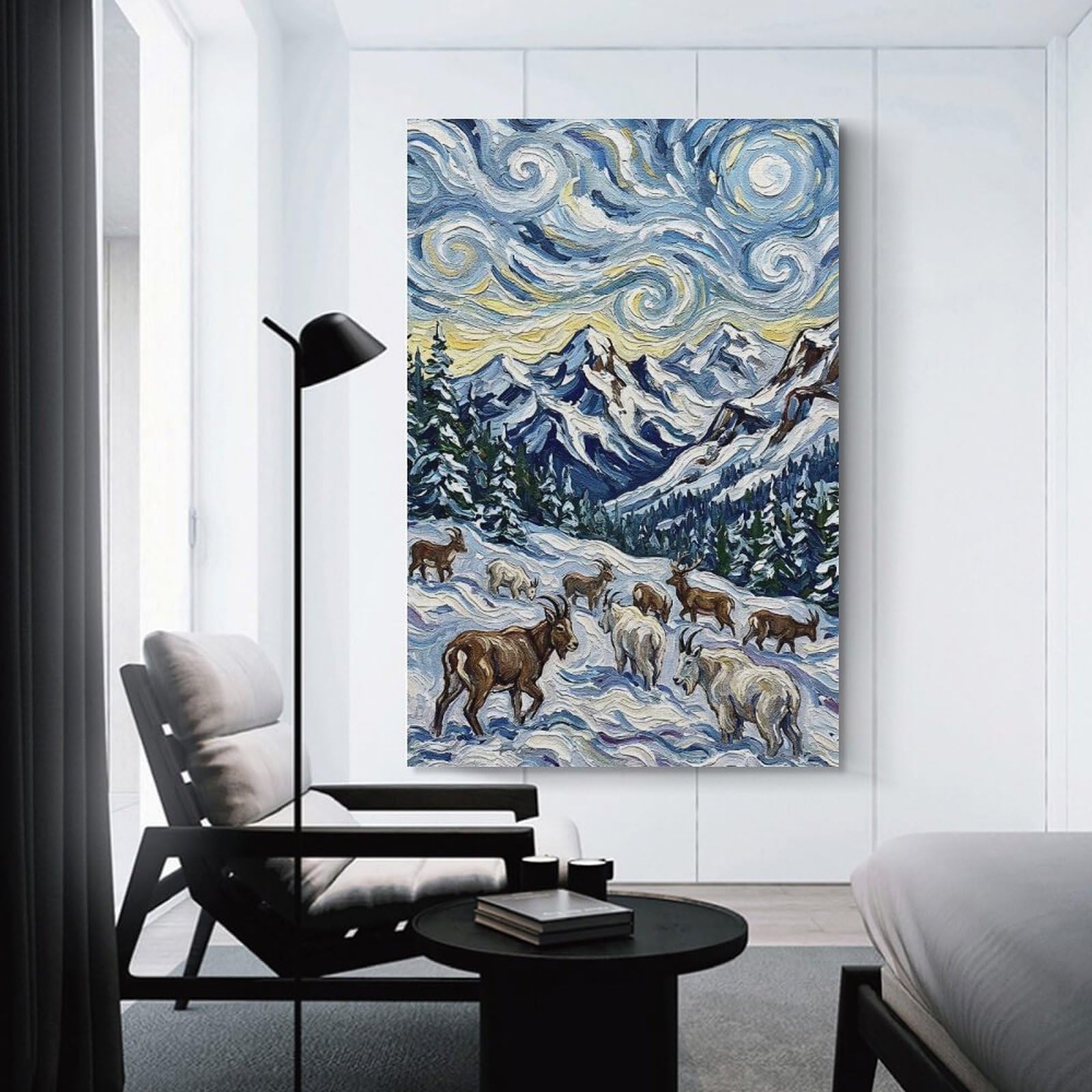 Junmoney Wall Art Print Mountain Goats in Snowy Landscape Painting, 24x36inch(60x90cm), for Hallway, Bedroom Or Modern Interiors, Thoughtful Wall Decor for Art Lovers