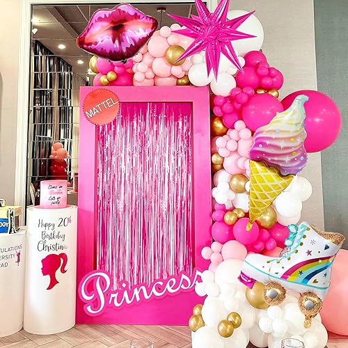 Kit de arco de guirnalda de globos rosas de 128 piezas con globo metálico dorado rosa intenso para fiesta temática de princesa, cumpleaños de niña disponible en Yaxa Peru