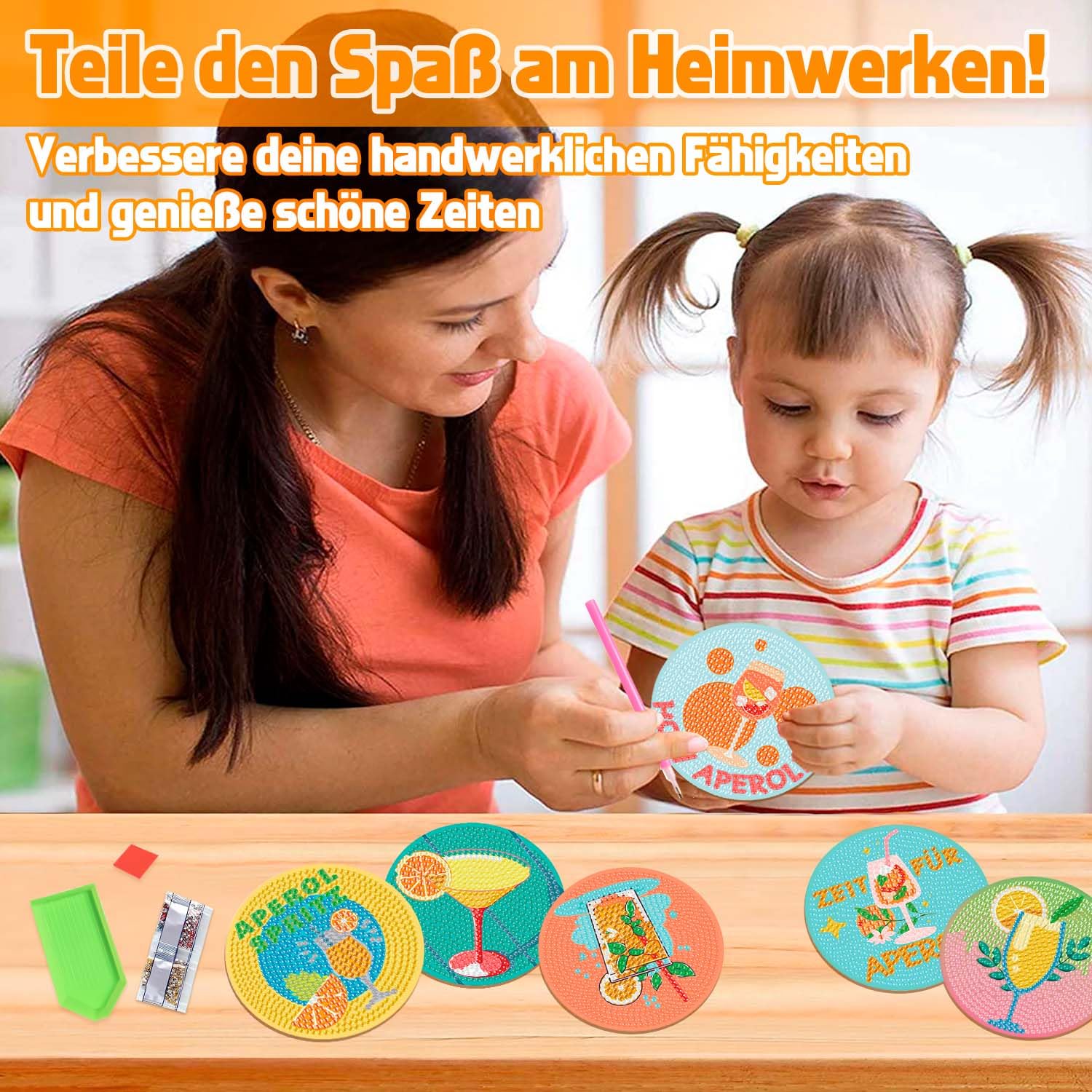 8 Stück Diamond Painting Untersetzer Aperol Spritz Geschenke Frau Cocktail Diamant Painting Untersetzer mit Korkmatte Halter Cocktail Diamond Painting Versiegelung Zubehör