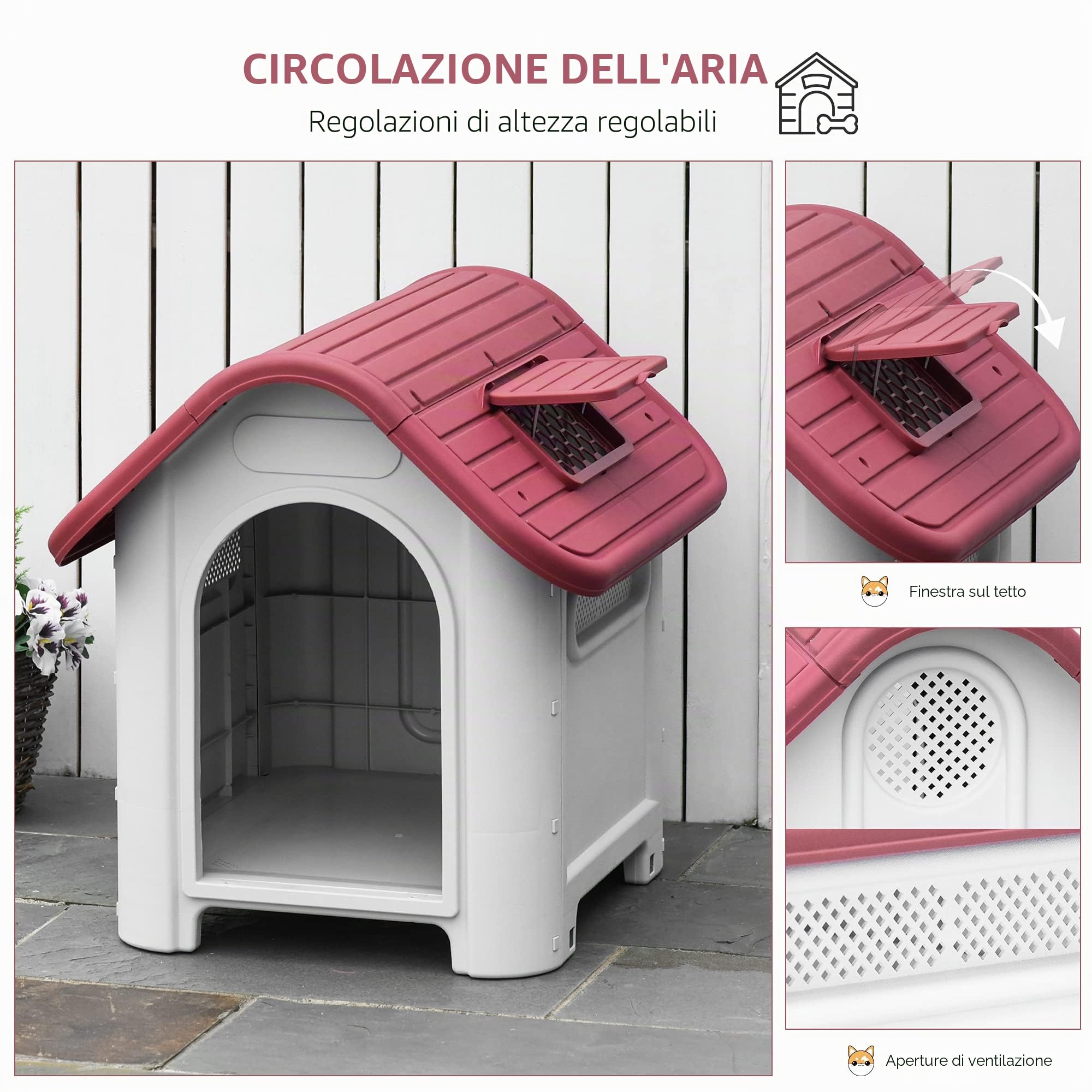 PawHut Casa Cani Esterno Porta per Piccoli Cani Rosso+Grigio 59x75x66cm | Casa per cani con botola sul tetto, riparo, tana impermeabile con ricircolo d'aria, esterno