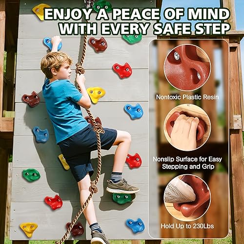 Miniatura 2 de TOPNEW 20 soportes de escalada en roca para niños, soportes de pared de roca con cuerda de escalada de 6.56 pies y 2 asas, kit de escalada de pared