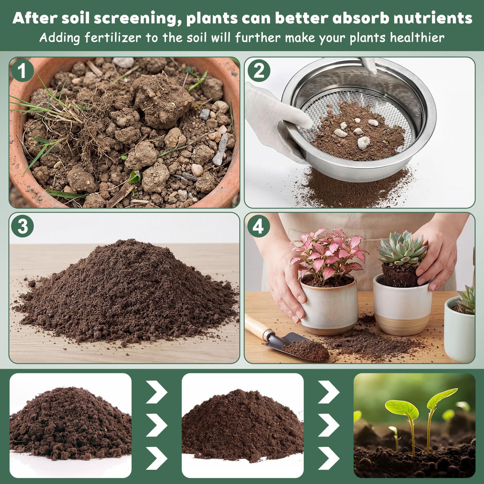 5-en-1 Tamis de Jardinage en Acier Inoxydable,Tamis à Sable avec Mailles Ø 1, 3, 6, 9 et 12 mm,Inclut 1 Pelle à Main pour Terre, Pierres, Compost, Mauvaises Herbes, Sable, Gravier et Graines