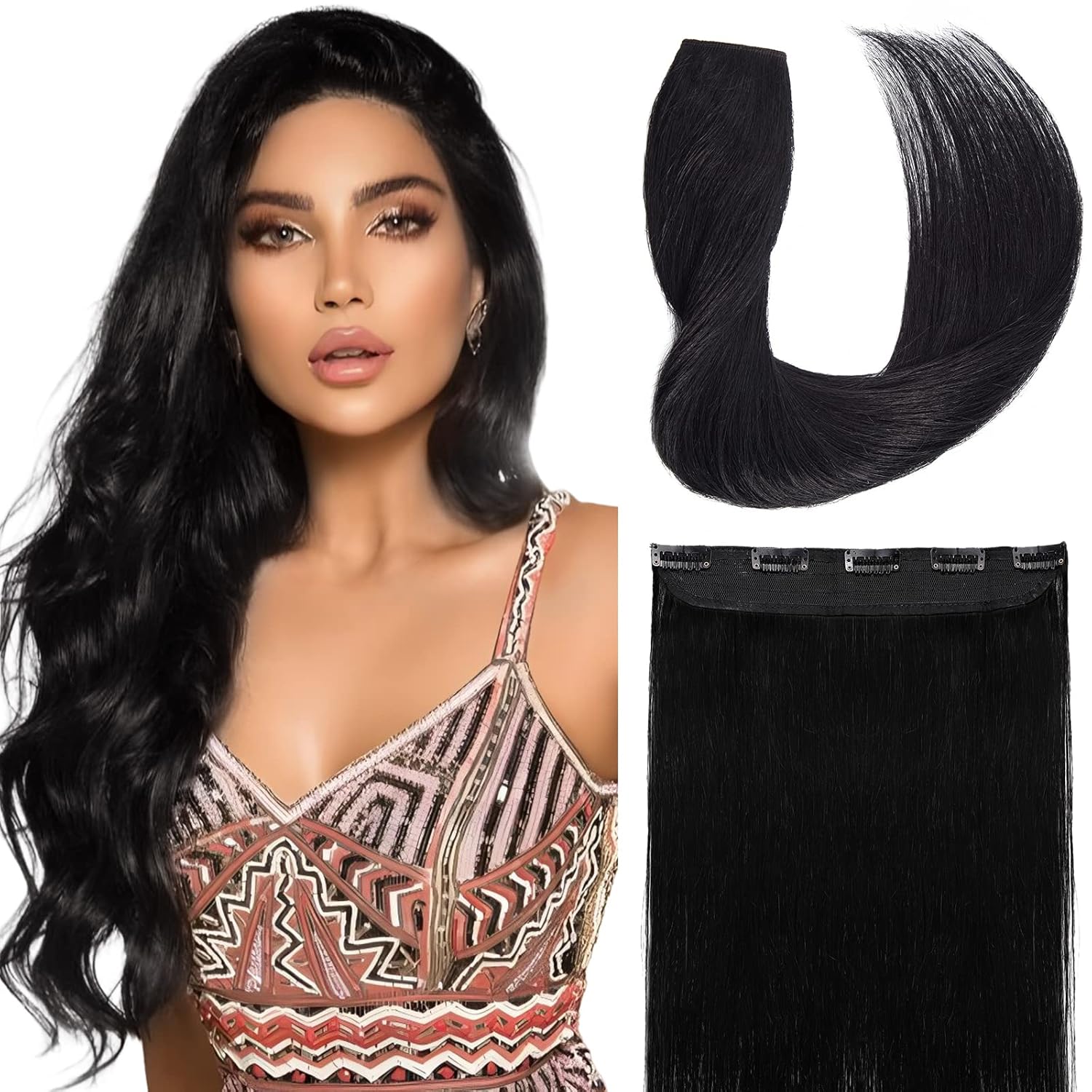 MY-LADY Clip in Hair Extensions Real Human Hair 1 Piece 14 Inch Remy Human Hair Extensions Clip ins 5 Clips 3/4 Full Head #1 Jet Black 40g