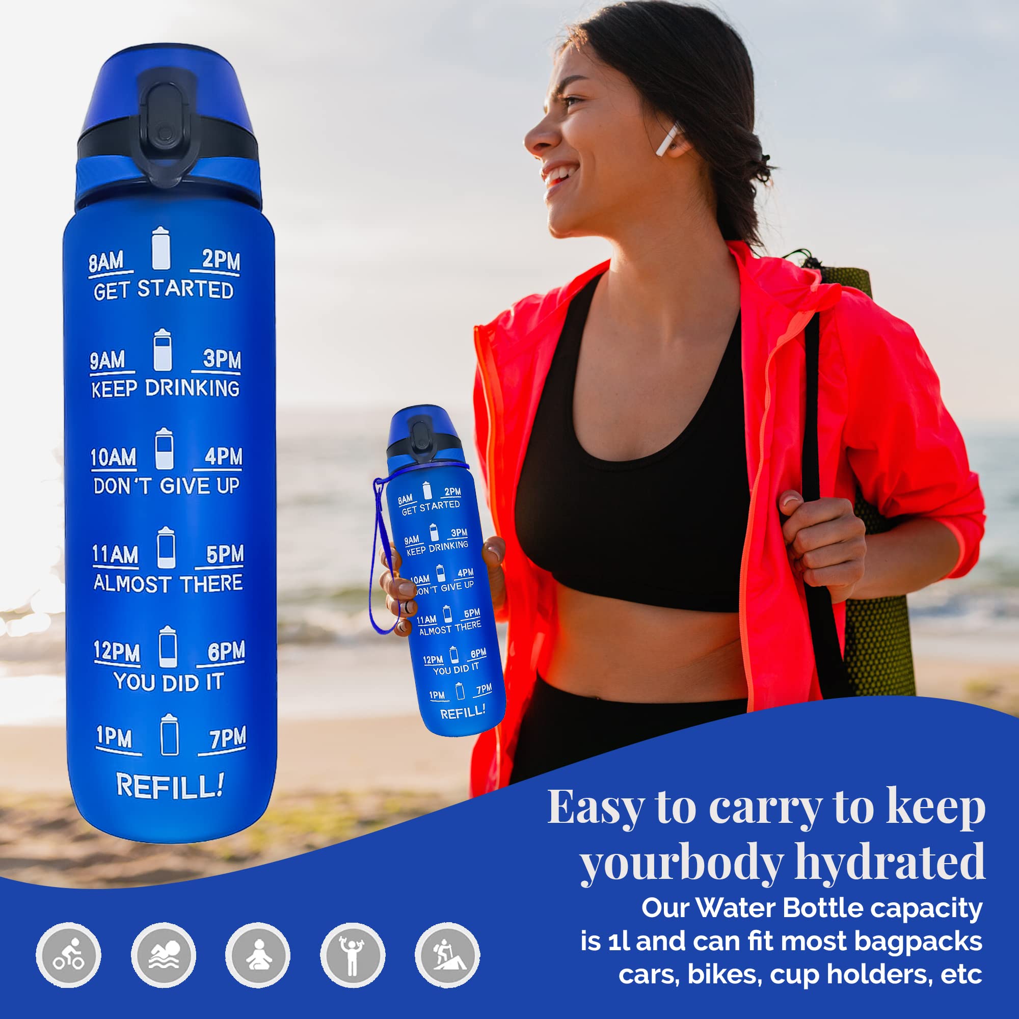 Gourde Sport 1L K-MART Avec Marqueurs De Temps - Sans BPA, étanche, Lavable Lave-vaisselle - Pour Running, Vélo, Bureau