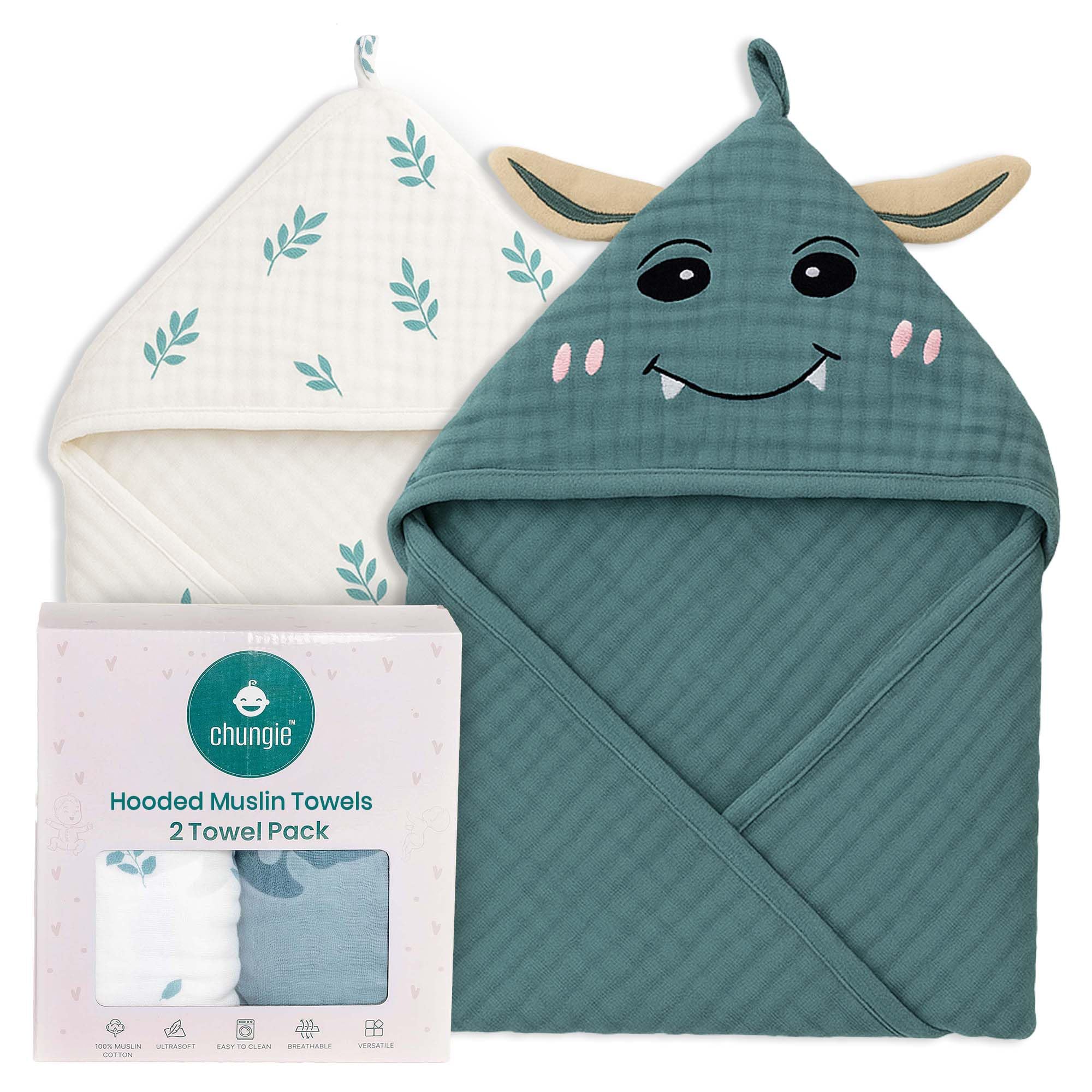 Chungie Soft Muslin Hooded Baby Towels 32x32 inches – 100% Cotton, 6-Layer Breathable Newborn Bath Towels with Hood, Pack of 2 (Printed + Embroidered)