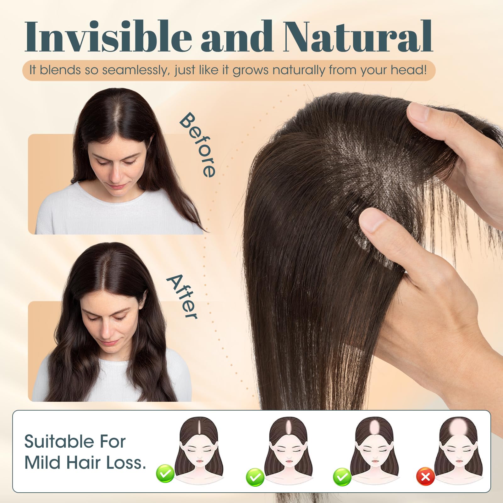 MY-LADY Topper Cabello Humano Mujer Sin flequillo Topper Cabello Clip Natural Marrón Oscuro 19g Hecho a Mano Base Encaje Ultraligera 30cm