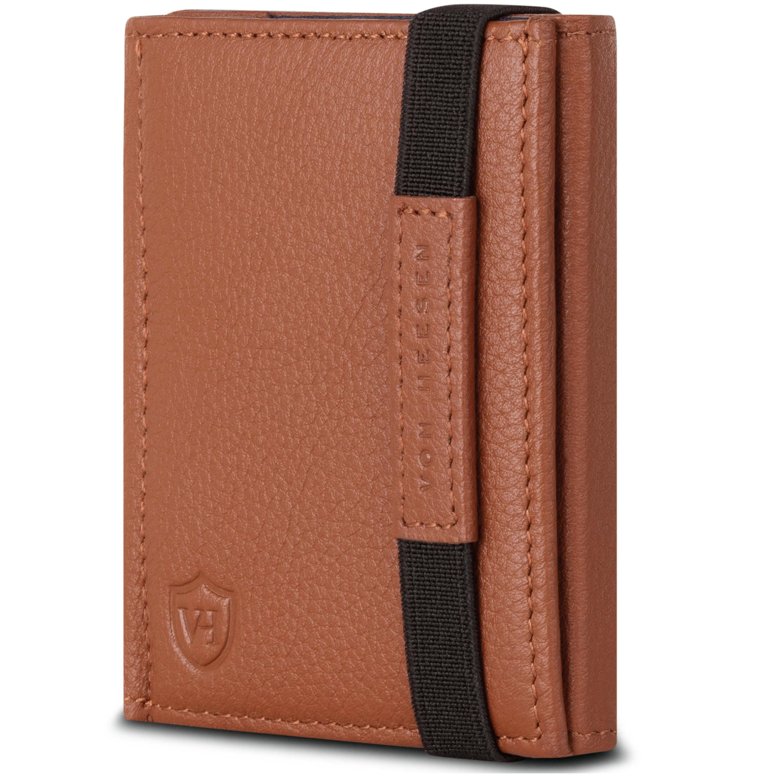 VON HEESEN Slim Wallet mit RFID Schutz - Geldbörse Herren klein - Mini Geldbeutel Damen Portmonee - Kartenetui Echtleder Karten Portemonnaie - Leder Kreditkartenetui Cognac-Braun