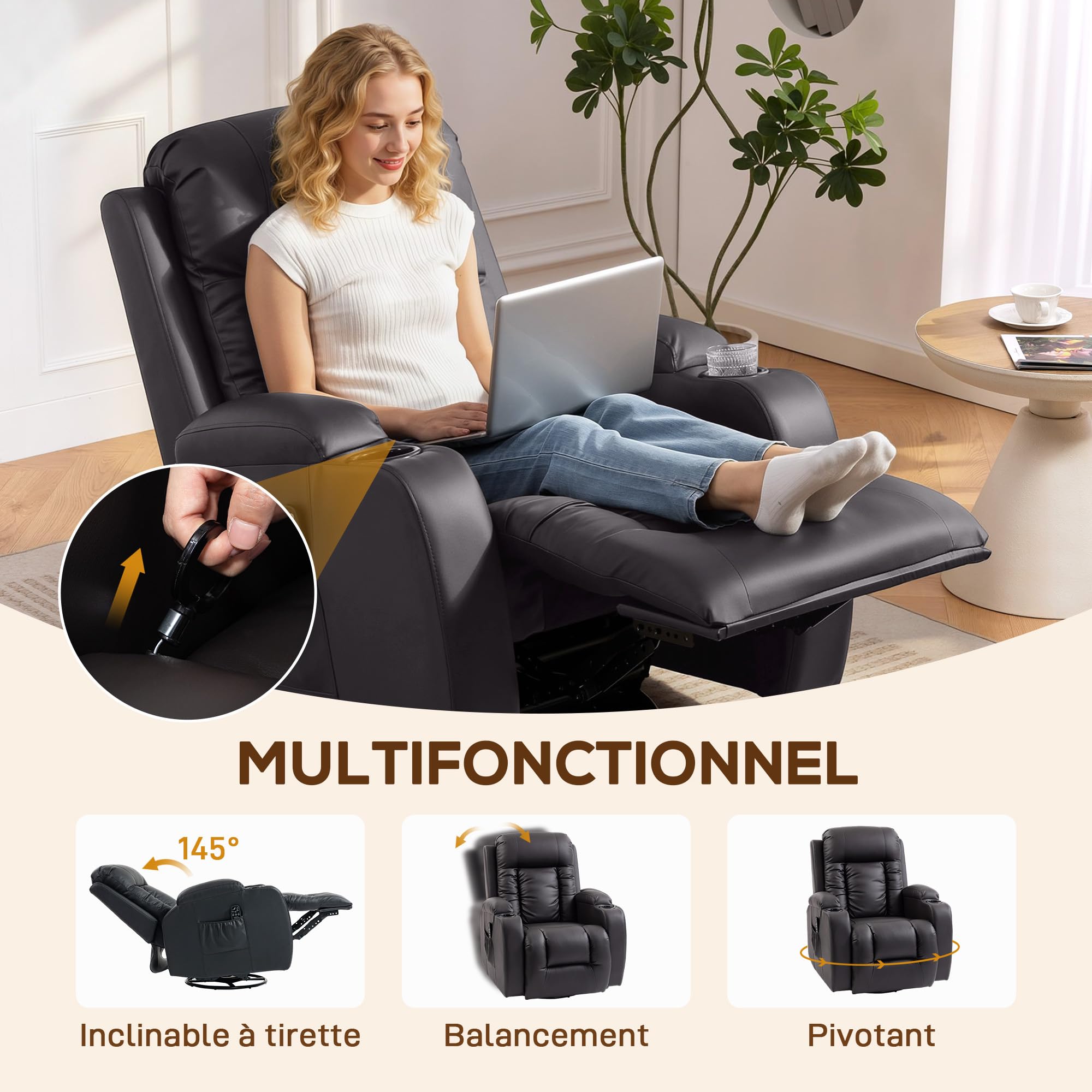 HOMCOM Sillón reclinable Ajustable con calefacción, Marrón Oscuro | Sillón de masaje, TV giratorio con mecedora, portavasos, bolsillo, temporizador, cuero sintético, para salón