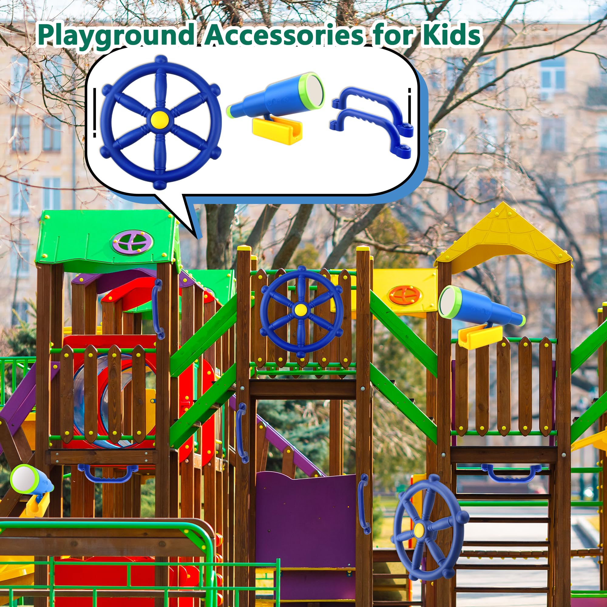 Juego de 4 piezas de accesorios para patio de recreo para niños, juego para exteriores, columpios de plástico para volante, telescopio, asas de seguridad, juguete para jardín, patio trasero, 6