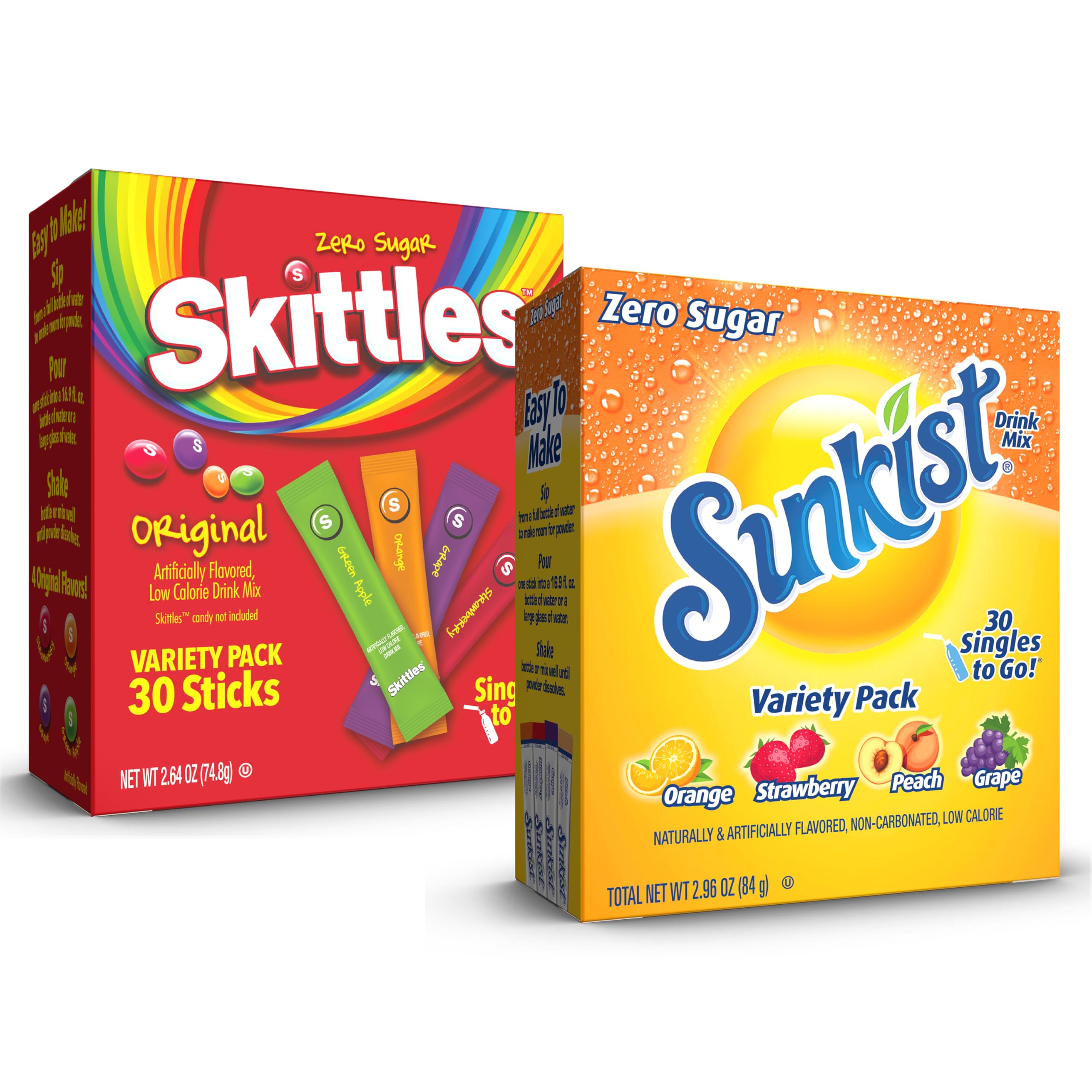 Sunkist Soda & Skittles Original Variety Pack, Singles To Go Powdered Drink Mix, Zero Sugar, Low Calorie Orange, Strawberry, Grape and Peach, Green Apple, Strawberry, Grape, Orange, (60 Single Servin