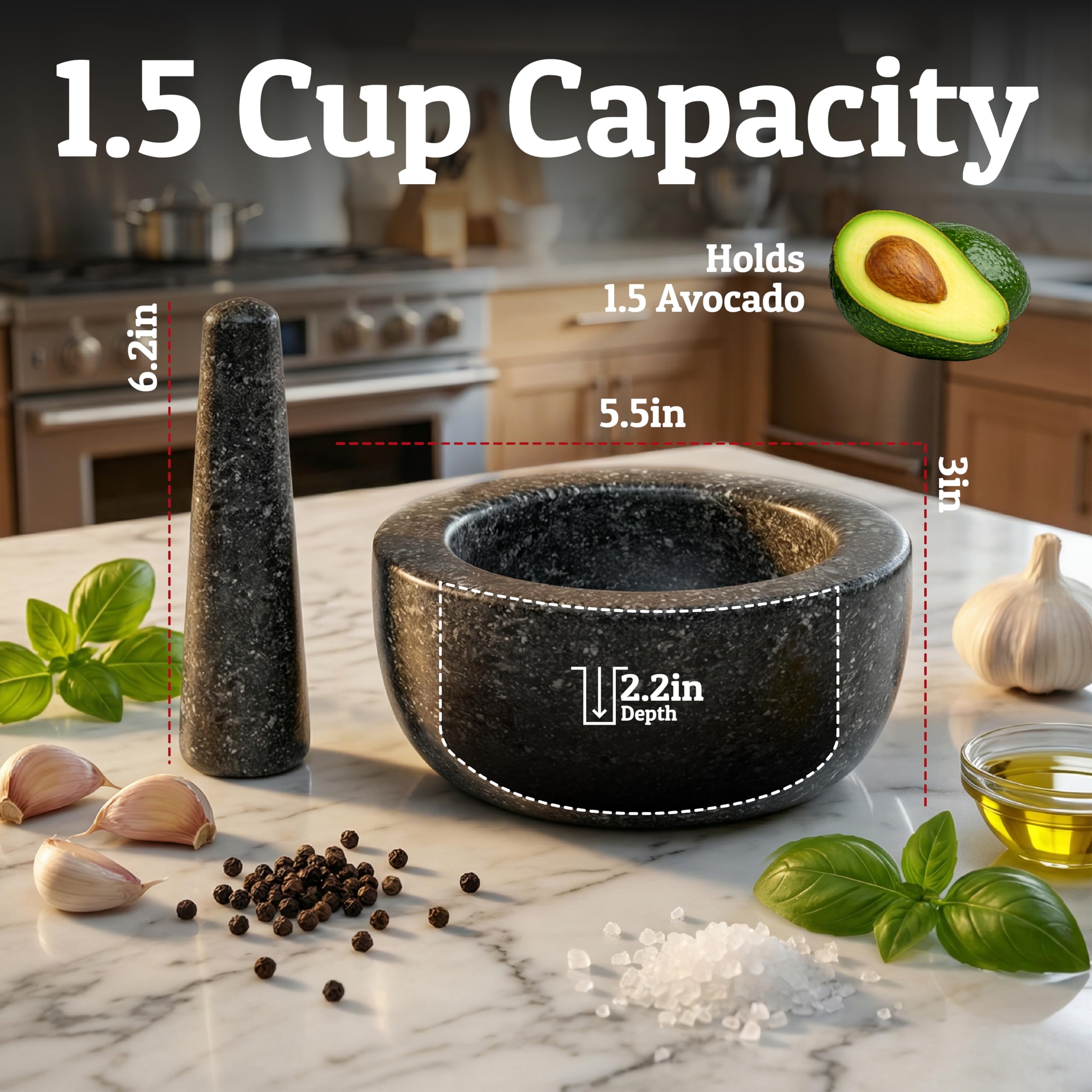 Priority Chef Grand mortier et pilon robuste de 1,5 tasse, granit 100 % naturel, bol de 14 cm de diamètre, pilon de 15,7 cm, base antidérapante, broyeur en pierre pour guacamole, salsa, pesto, herbes