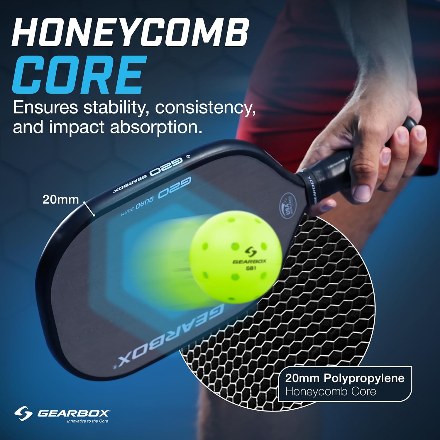 Gearbox G20 Pickleball Paddle – 20mm Honeycomb Core, Raw Carbon Fiber Surface, One-Piece Molded Construction – Control, Spin & Power – Lightweight 8.0 oz Paddle for All Skill Levels