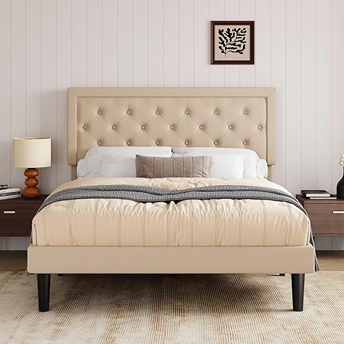Miniatura 3 de Allewie Queen Size Button Tufted/Fabric Upholstered Bed Frame with Adjustable Headboard/Wood Slat Support/Mattress Foundation/Beige Beige,Gris