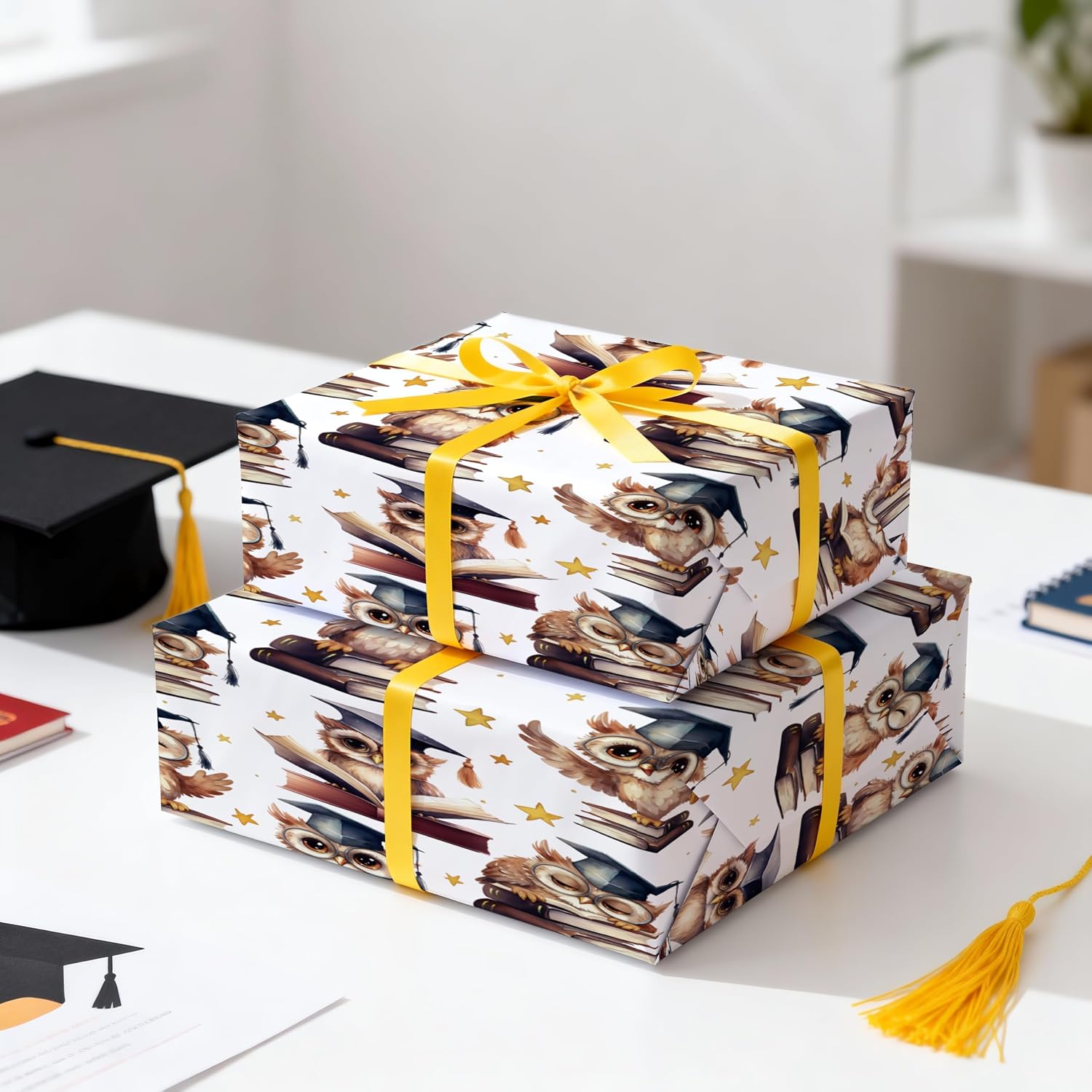 LeZakaa Graduation Wrapping Paper Roll, Cute Owl Graduation Gift Wrap, Class of 2026 Graduation Design with Books and Caps, High School College Graduation Gifts, Mini Roll 17in x 16.4 ft image 4