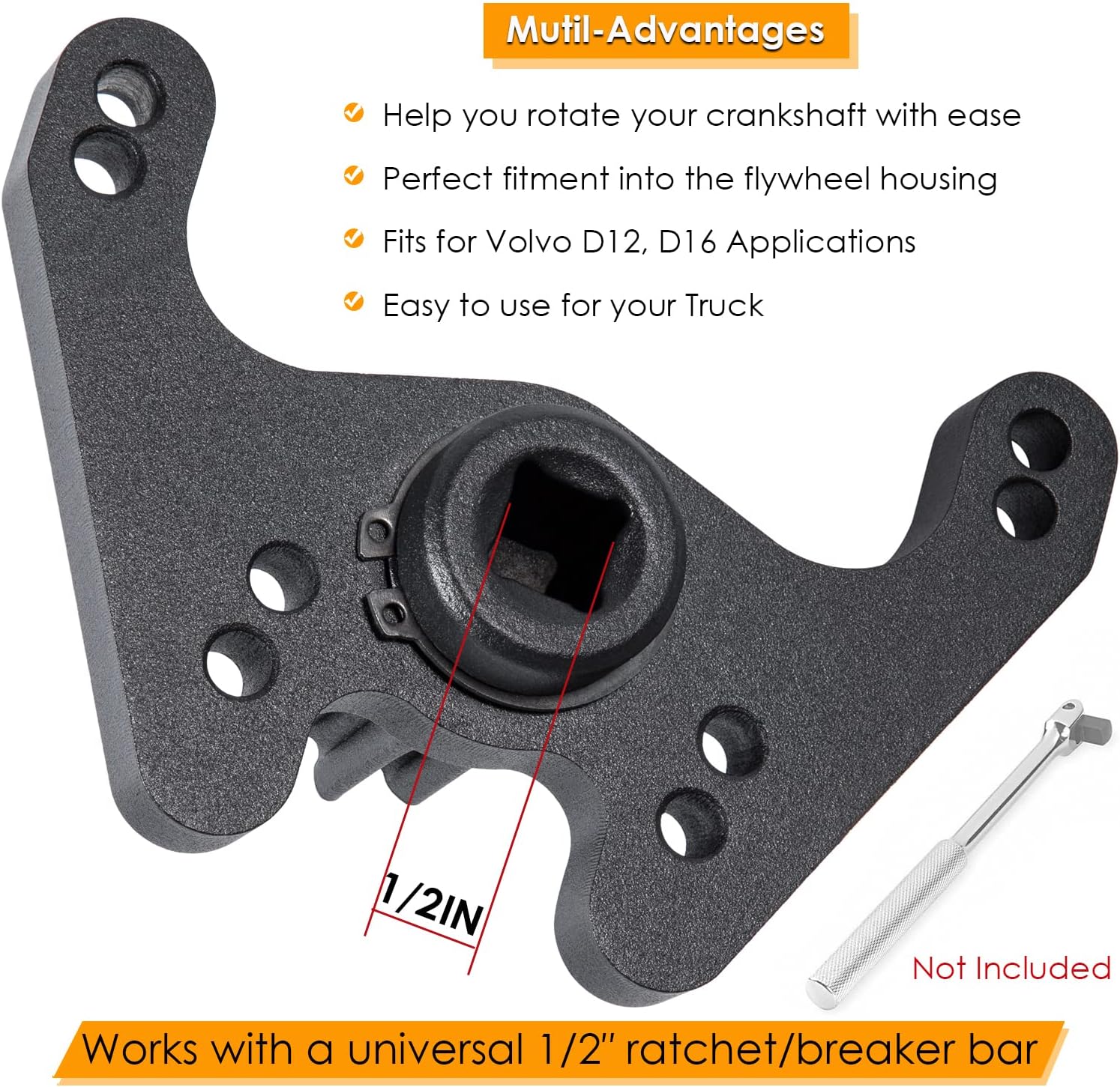 Crank/Flywheel Crankshaft Turning/Barring Tool for Volvo D12, D16 1998-2007 Engines & Mack Truck, Replace to 9996956 9996620