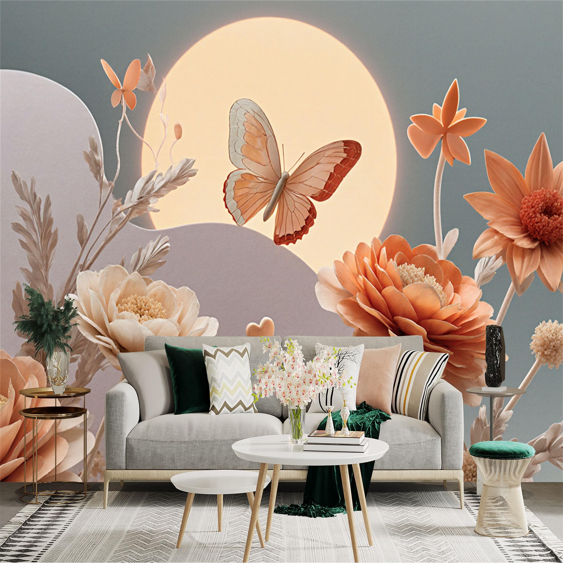 Custom Size Wall Sticker Mural， Butterfly and Orange Flowers with Sun and Soft Sky， for wall Decoration， peelandstick wall Decals.