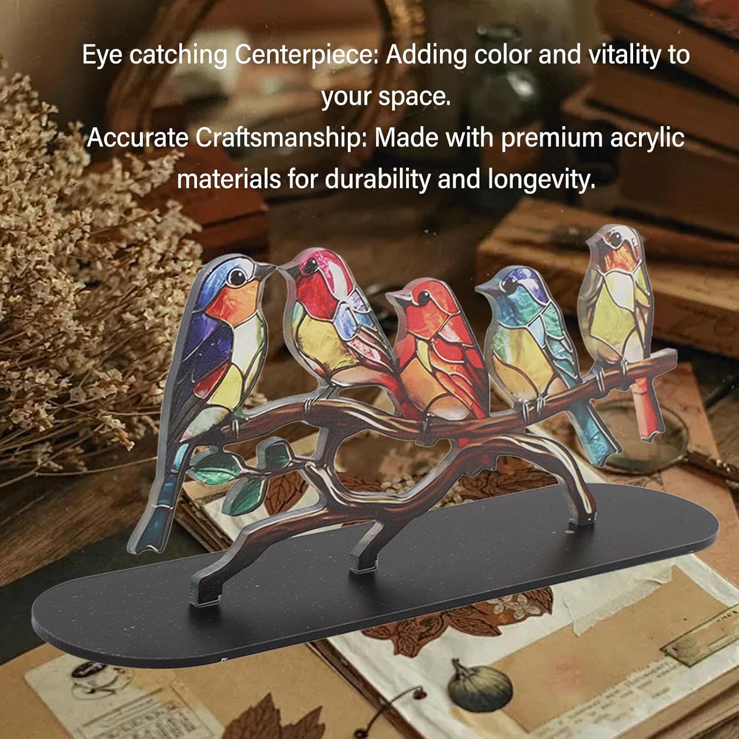 Luqeeg Stained Glass Birds on Branch Desktop Ornaments, Multicolor Hummingbird Craft Statue, Double Sided Acrylic Flatness Table Art, Bird Statue Ornaments for Home Decor (5 Birds) - Image 6