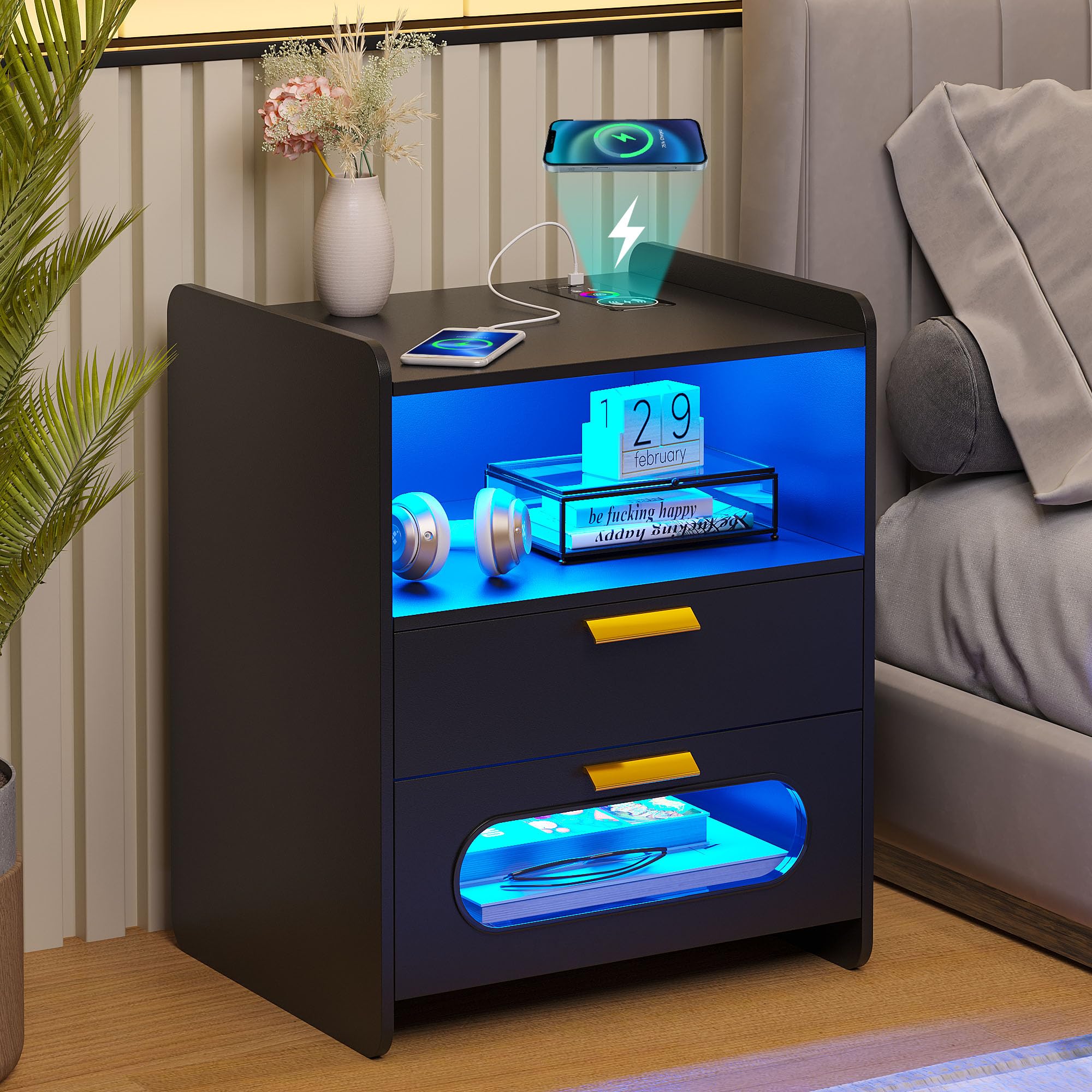 HNEBC LED Nightstand with Wireless Charging Station & USB Ports,Smart