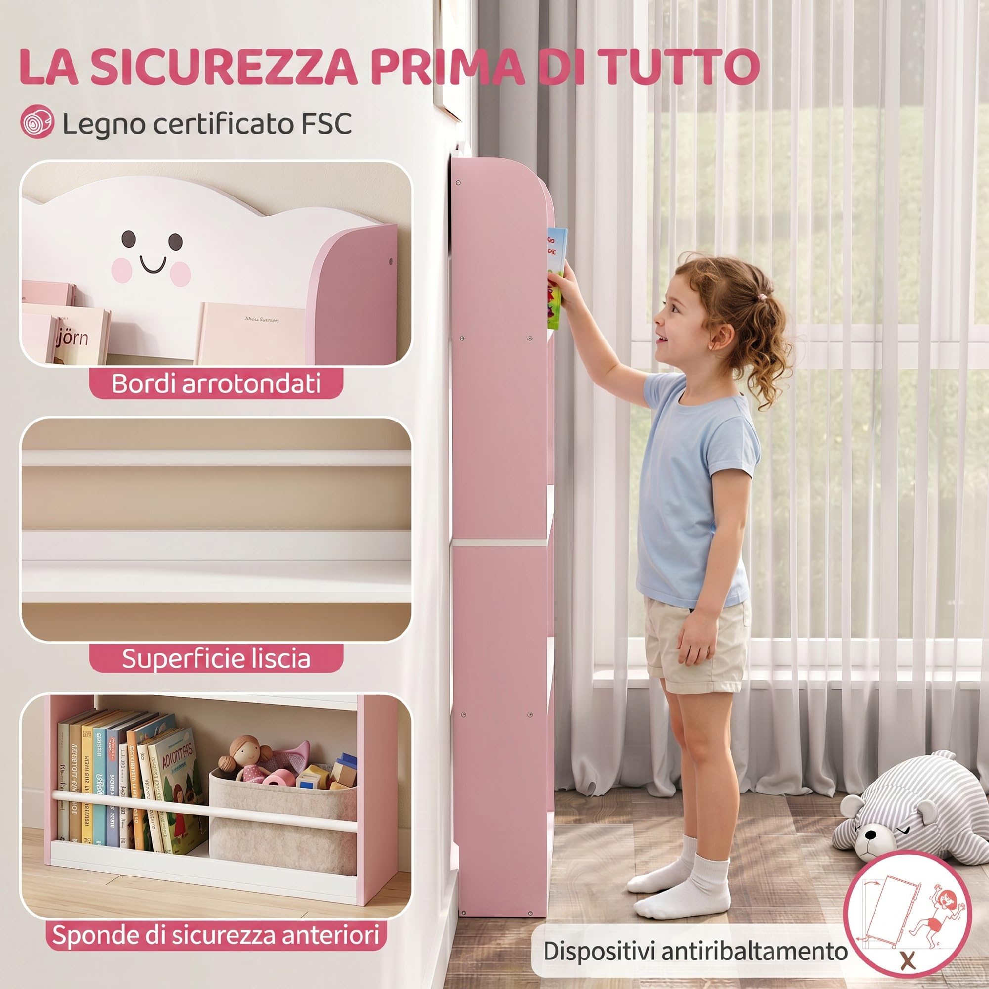AIYAPLAY Libreria Montessoriana per Bambini 3-6 Anni 60x15x120.5cm Rosa