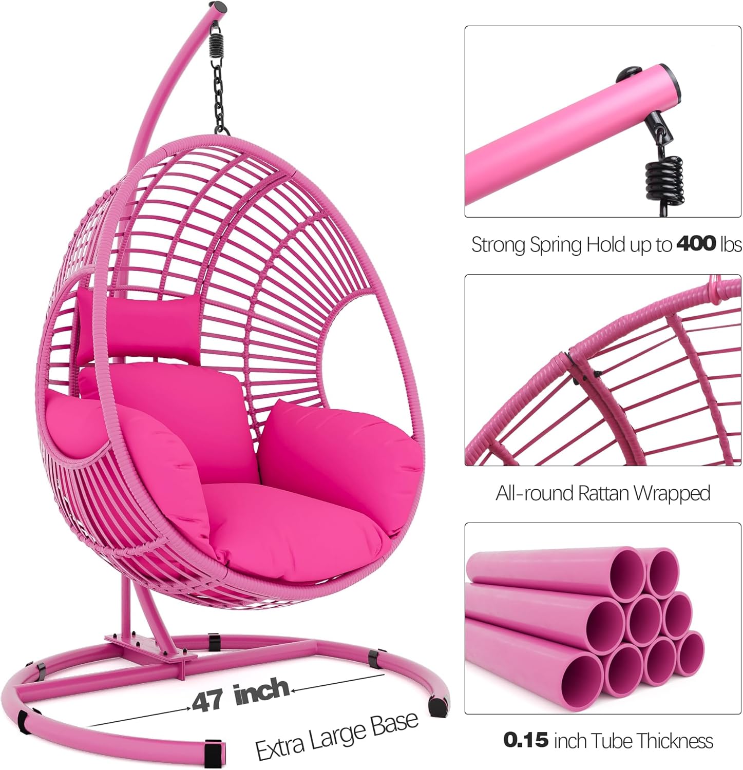Oversized Hanging Egg Chair Outdoor Indoor, Wicker Swing Egg Chair with Stand 400lbs Capacity for Bedroom, Patio, Garden and Balcony (Pink-Regular, Oversize)