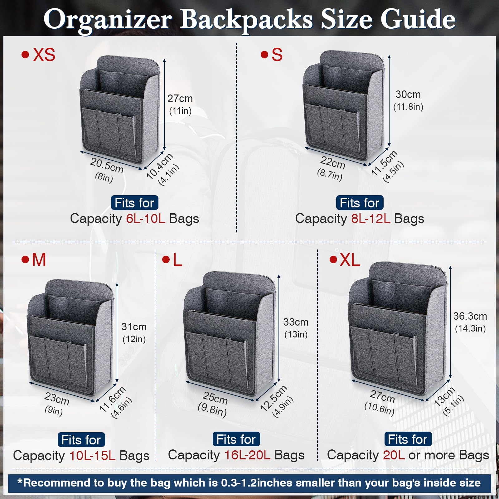 Organizador de Almacenaje y Fieltro para Mochila, Organizador de Bolso, Gris, X-Large