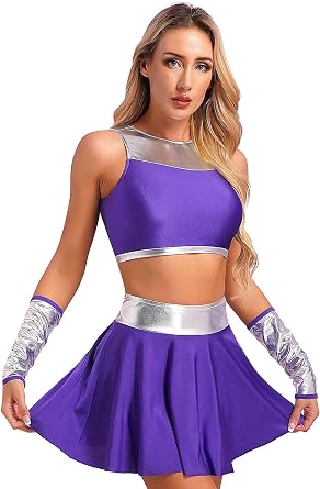 Womens Halloween Cosplay Costume Princess Outfit Purple Hero Uniform Full Set Top Skirt with Gloves