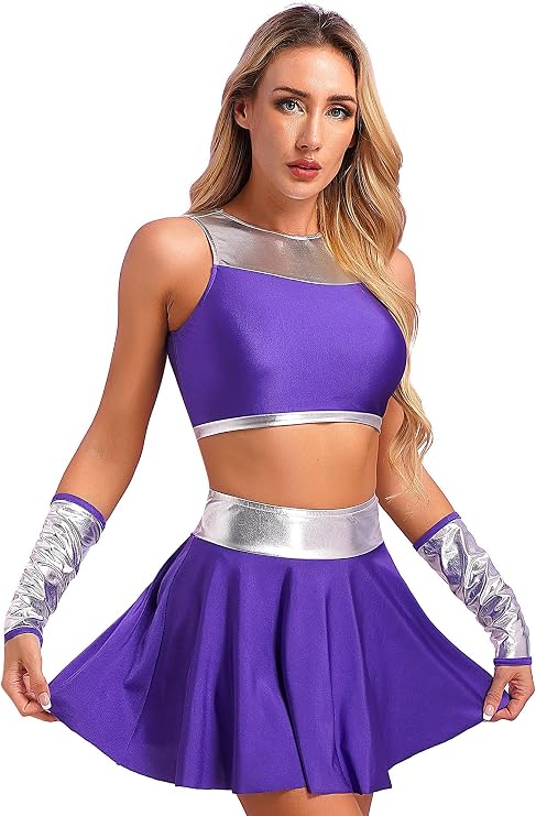 Womens Halloween Cosplay Costume Princess Outfit Purple Hero Uniform Full Set Top Skirt with Gloves