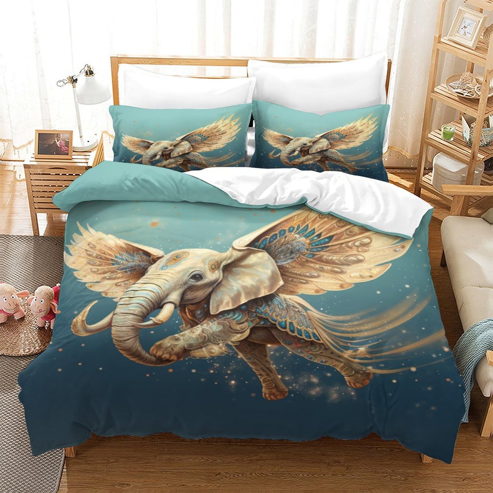P1S9U7W5Y 3D Printed Flying Elephant Animal Pattern Duvet Cover Set 3 Pieces Microfiber Bedroom Decor Fantasy Elephant Bedding Set King（220x240cm）