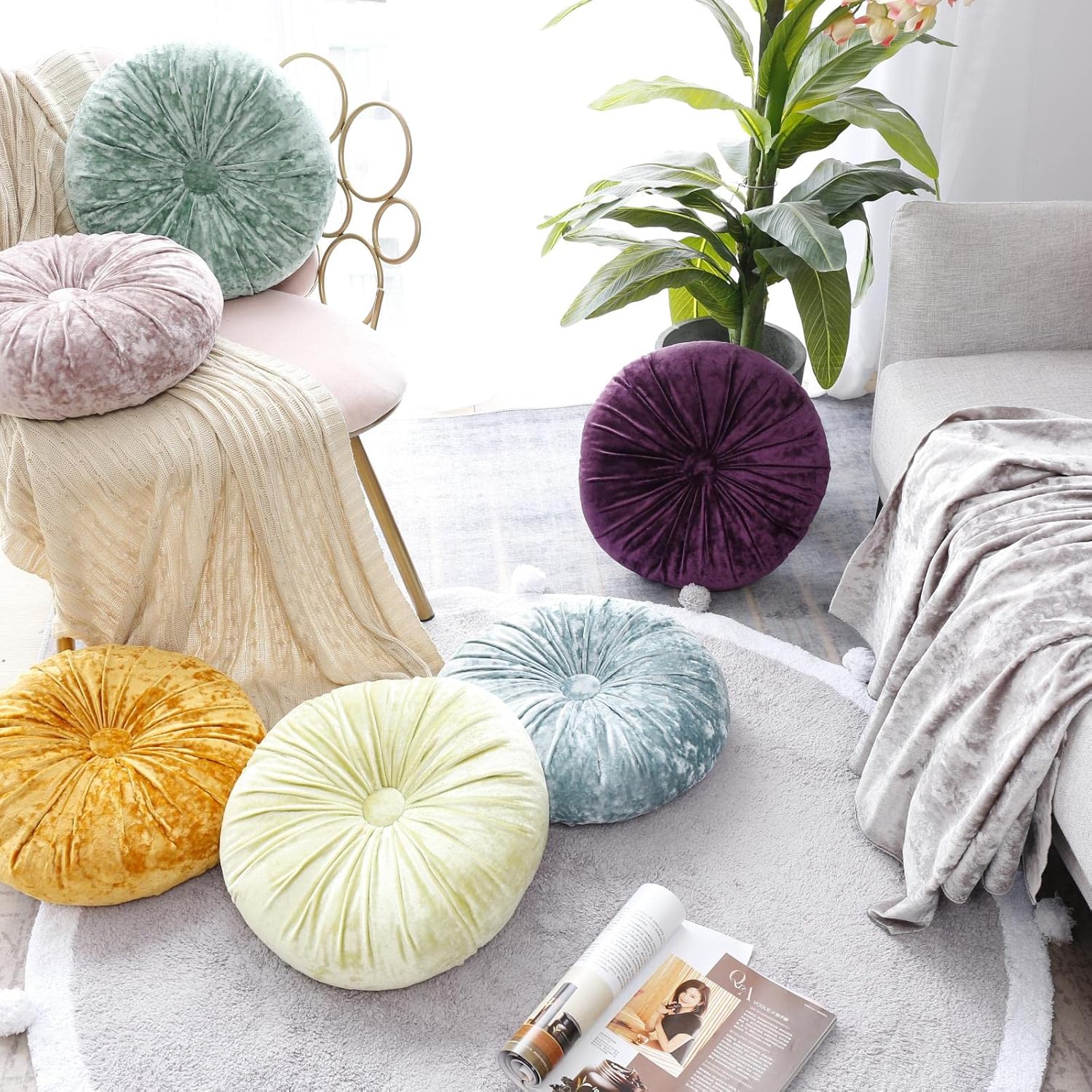 MOJUN Round Throw Pillow 15.7" Pumpkin Velvet Pillow Pleated Round Filled Pillow Home Decorative Throw Pillow Cushion for Couch Chair Bed Car Floor, Lake Bule