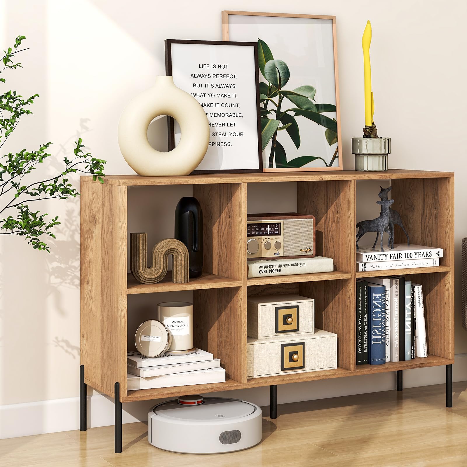 HOMASIS Bibliothèque Basse en Bois à 6 Cubes (Naturel)