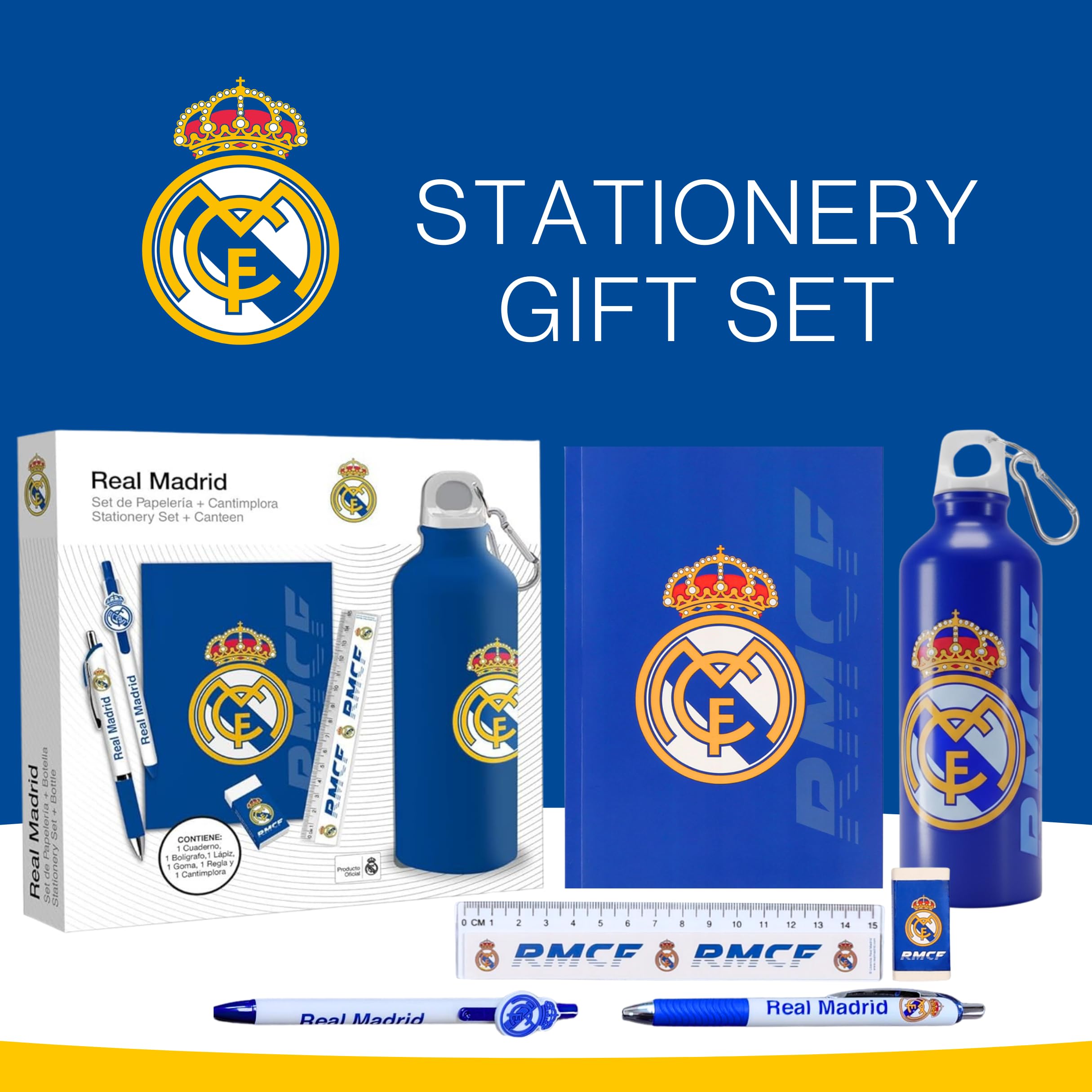 CF REAL MADRID Juego de Papelería para Niños, Incluye Cuaderno Boligrafos Regla Borrador y Botella Cantimplora 650ml, Regalo para Niños