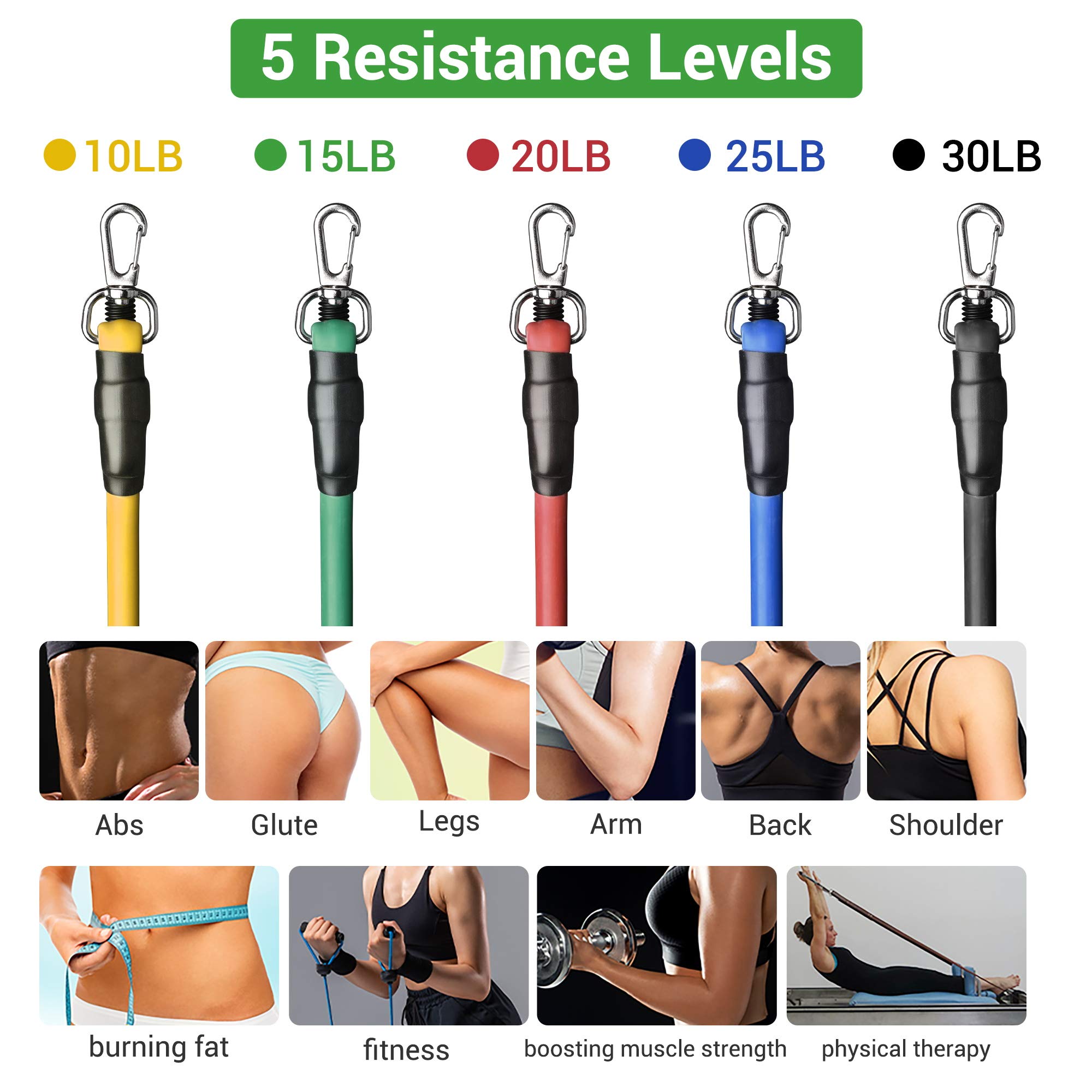 AW 5 Tubes Resistance Bands Set Exercise Workout Stackable 100Lbs Ankle Strap Home