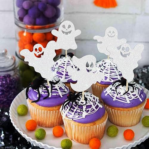 Miniatura 7 de Gyufise 24 adornos de Halloween para cupcakes de fantasma, purpurina blanca, espeluznante, Halloween, baby shower, decoración para Halloween,