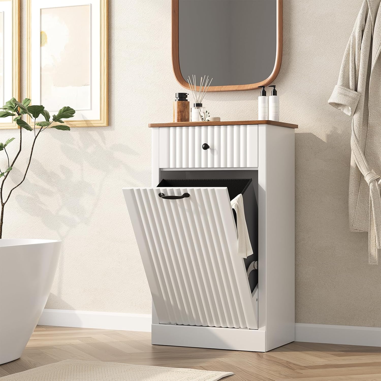 Fluted Tilt Out Laundry Hamper Cabinet, 10 Gallon Hidden Trash Can Cabinet, Wooden 2 in 1 Tilt Out Garbage Can for Kitchen, Bathroom (Antique White, Single)