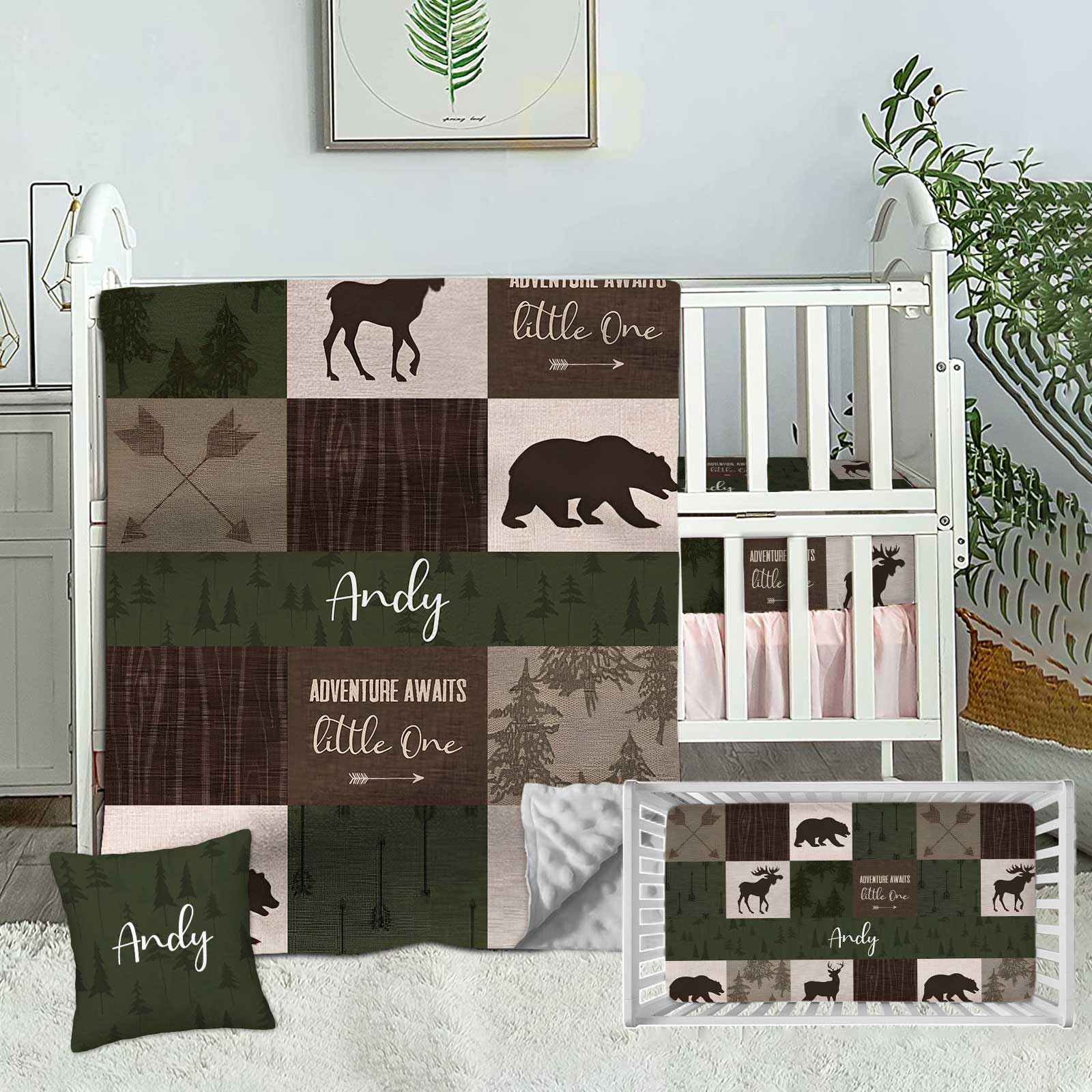 Custom Baby Crib Bedding Set, 3 Piece Personalized Name Baby Crib Sets for for Infant Toddler, Woodland Dark Green Nursery Bedding Set for Boys, Minky Blanket, Fitted Sheets, Pillowcase for Newborn