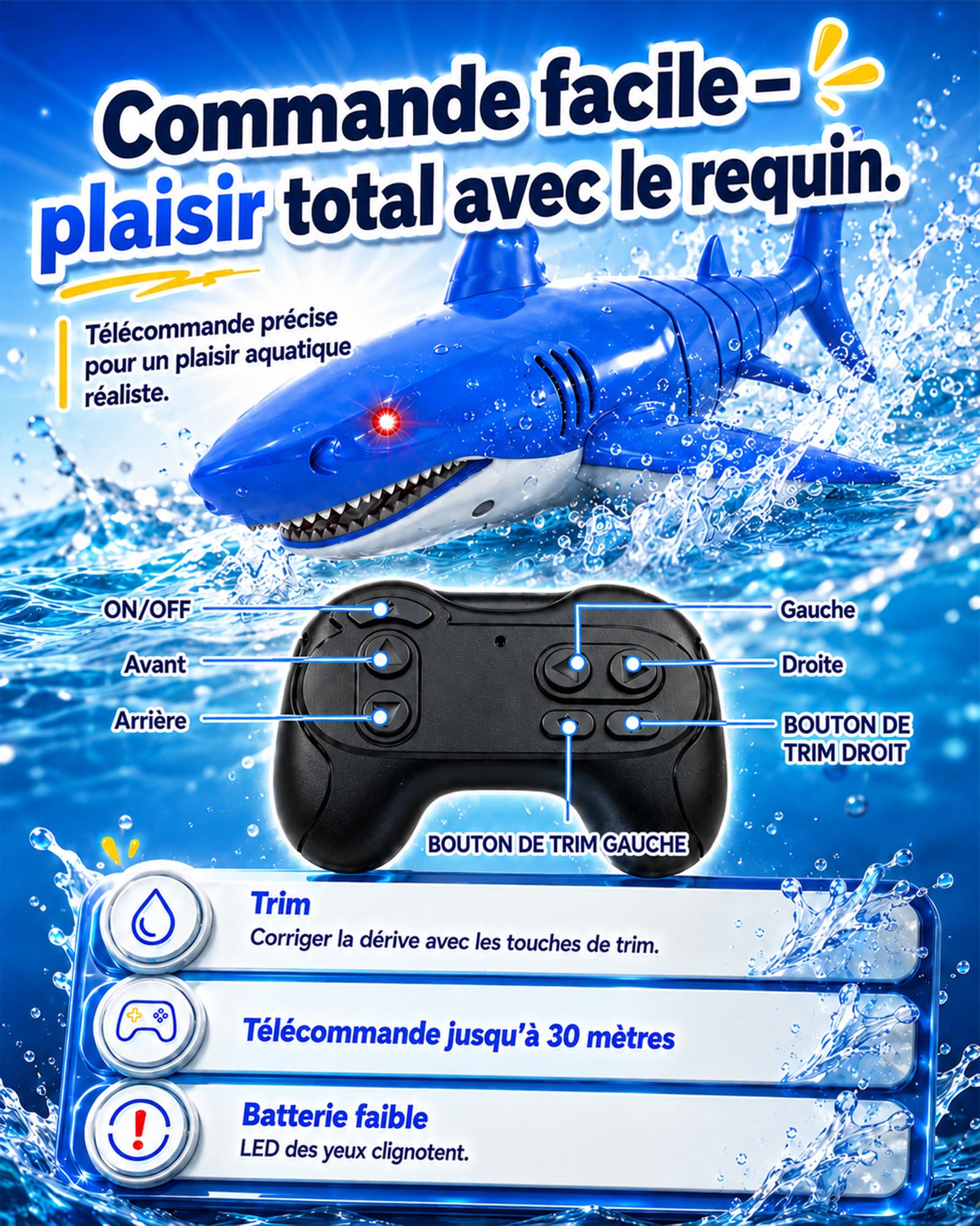 KOKODI Requin Robot télécommandé Lumineux pour Enfants dès 3 Ans – Jouet Aquatique étanche pour Piscine et Bain d'été, télécommande imperméable, Cadeau d'anniversaire Mixte garçon Fille