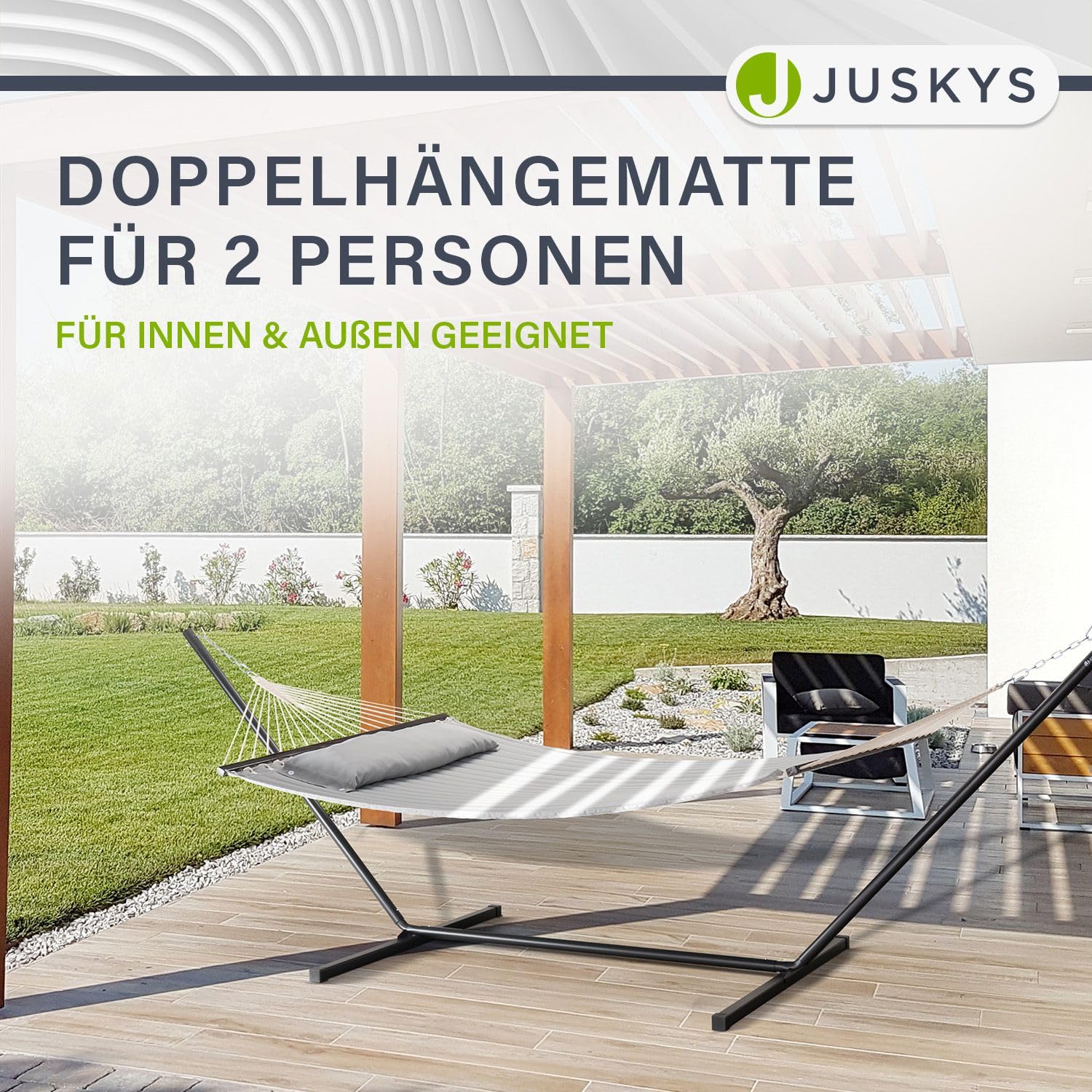 Juskys Hängematte Cata mit Gestell und Kissen - Outdoor Doppelhängematte für 2 Personen - doppel Hängemattengestell bis 200kg belastbar - Hellgrau