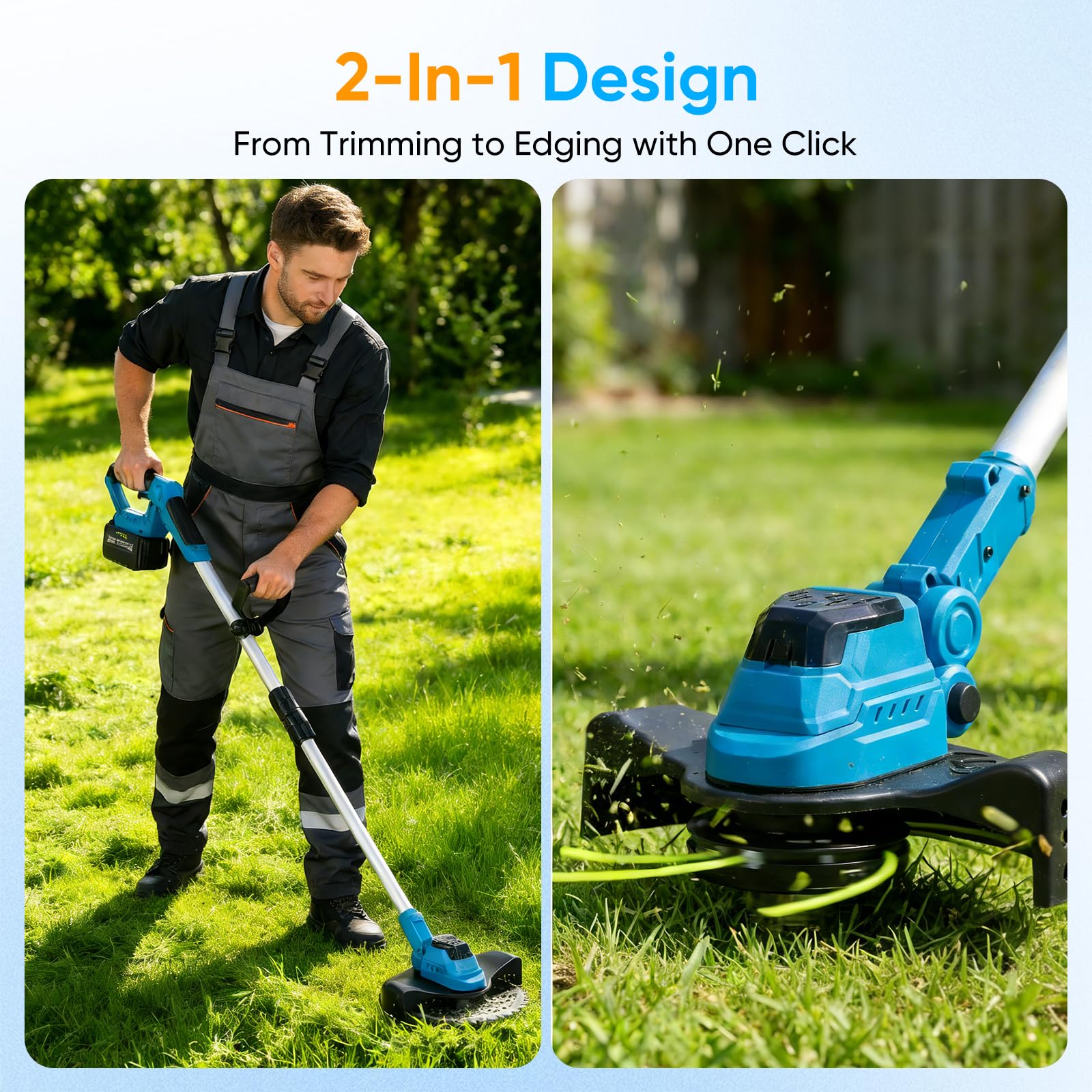 Desbrozadora Inalámbrica 600W, Cortacésped y Bordes 2-en-1, Motor Brushless con Pantalla LED, Mango Ajustable, con 2 baterías, Incluye Cuchillas y Gafas de Seguridad